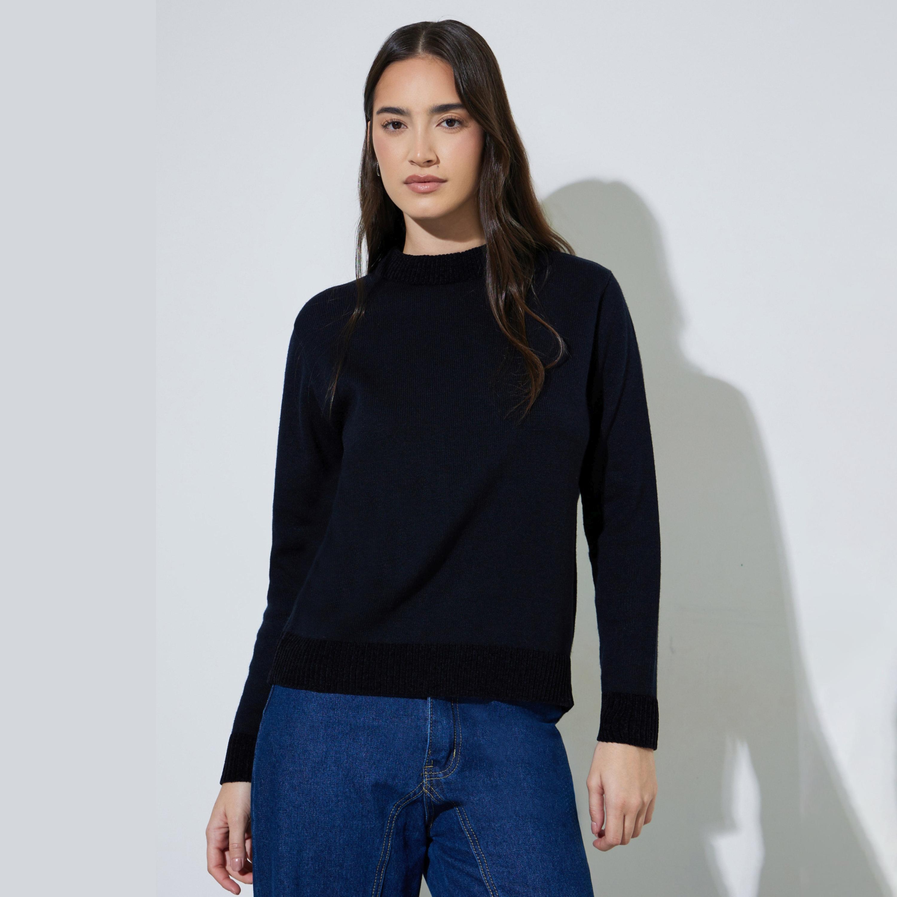 Styli Black Solid Mixed Yarn Regular Fit Sweater-women-winterwear-cardigansandjumpers-jumpers-image-1