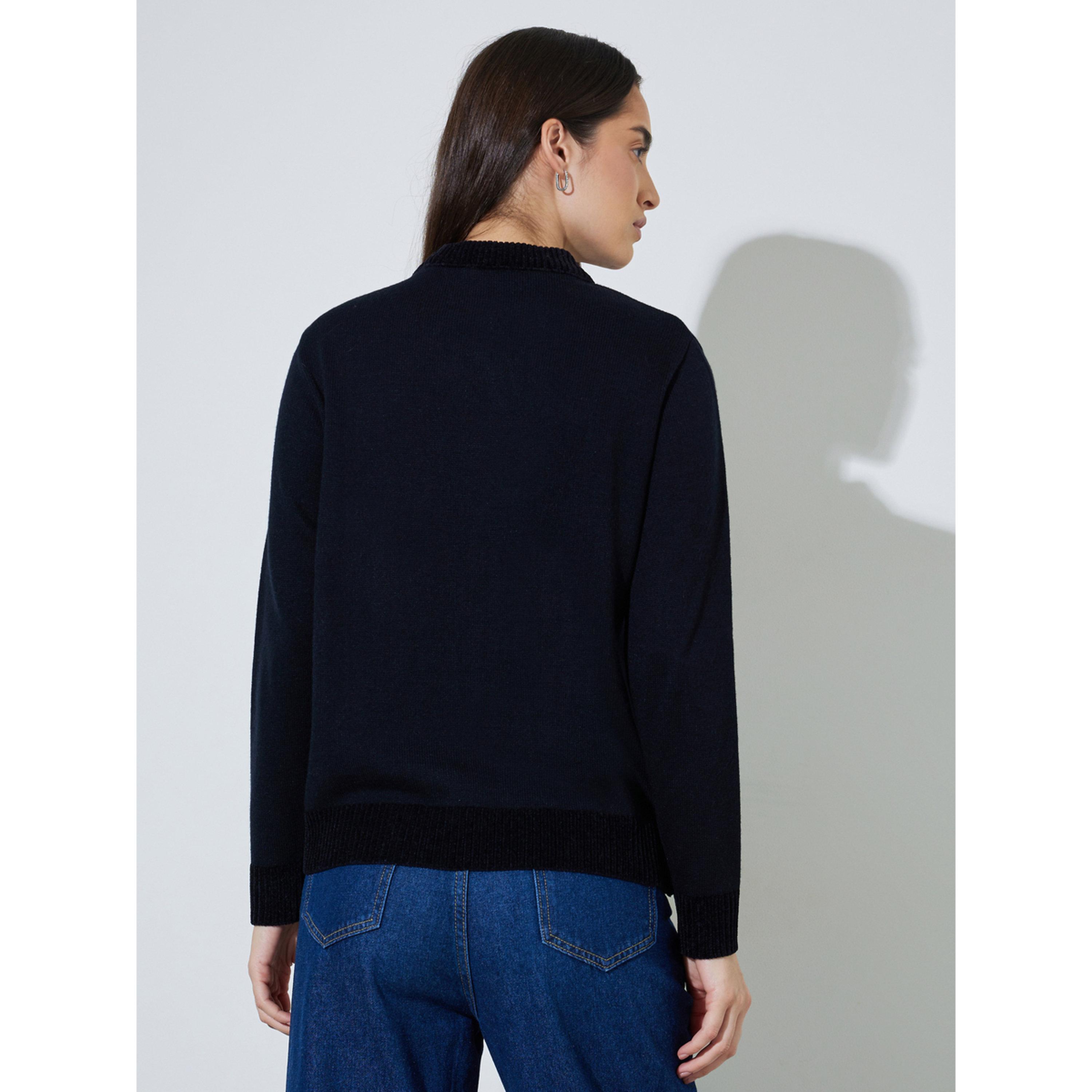 Styli Black Solid Mixed Yarn Regular Fit Sweater-women-winterwear-cardigansandjumpers-jumpers-image-3