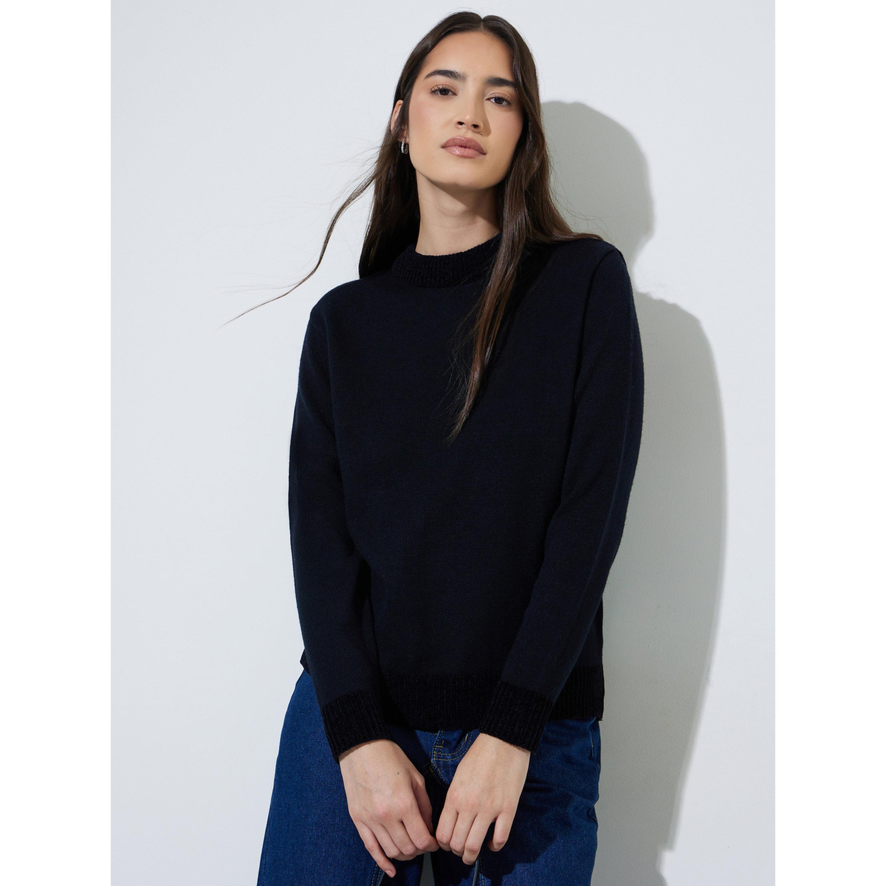 Styli Black Solid Mixed Yarn Regular Fit Sweater-women-winterwear-cardigansandjumpers-jumpers-image-4