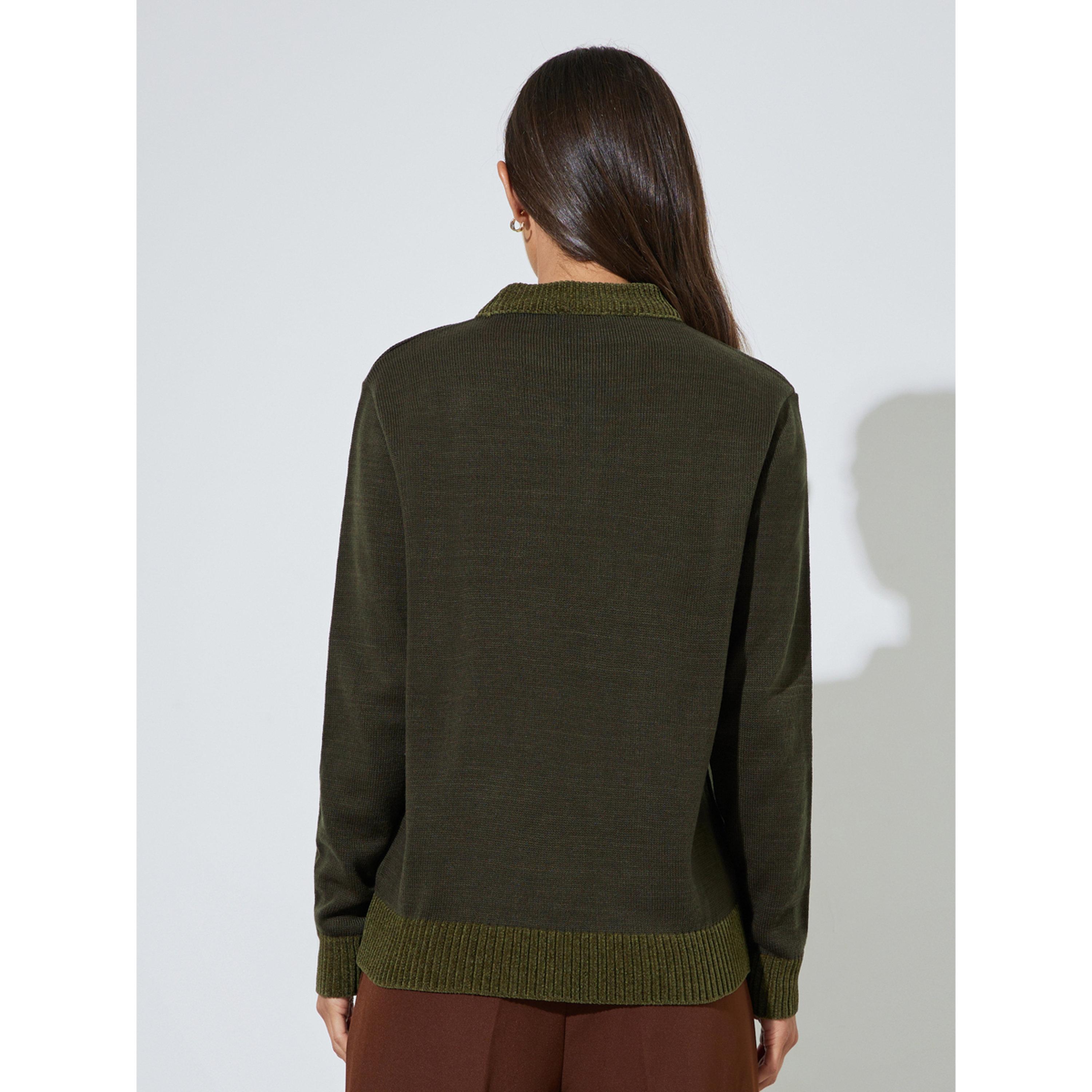 سويتر خيوط غزل مدمجة بقصة عادية باللون الأخضر الزيتي-women-winterwear-cardigansandjumpers-jumpers-image-3