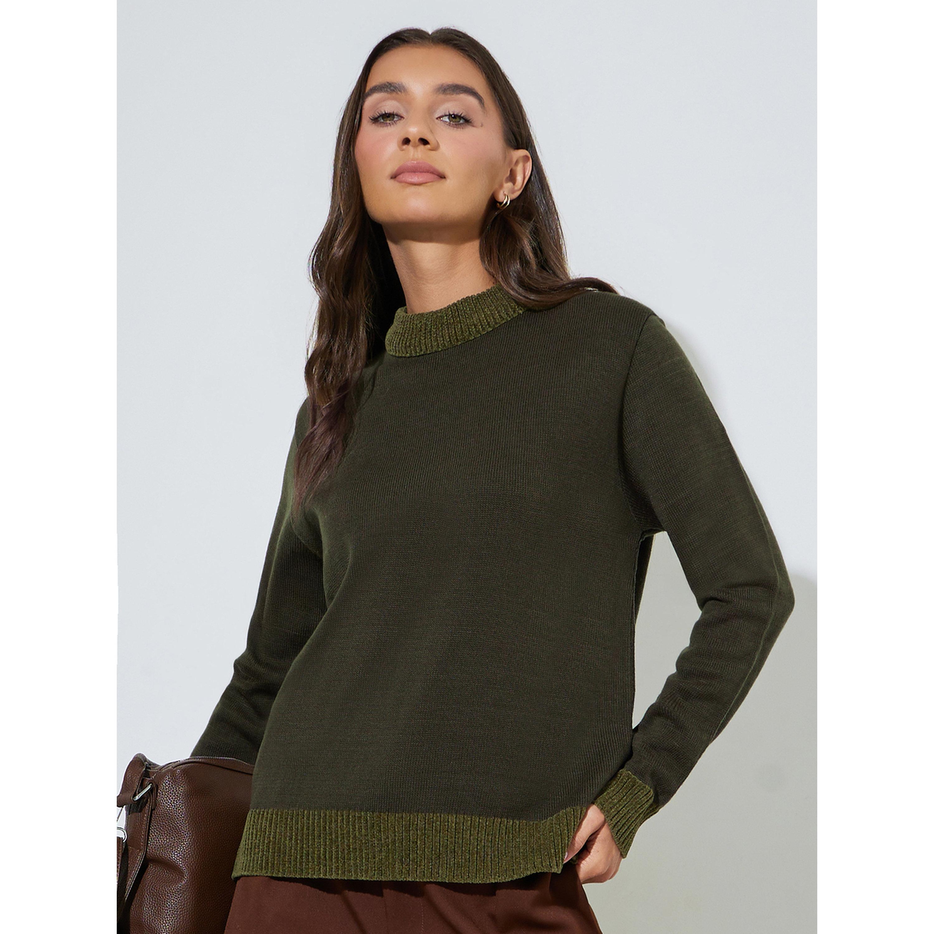 سويتر خيوط غزل مدمجة بقصة عادية باللون الأخضر الزيتي-women-winterwear-cardigansandjumpers-jumpers-image-4