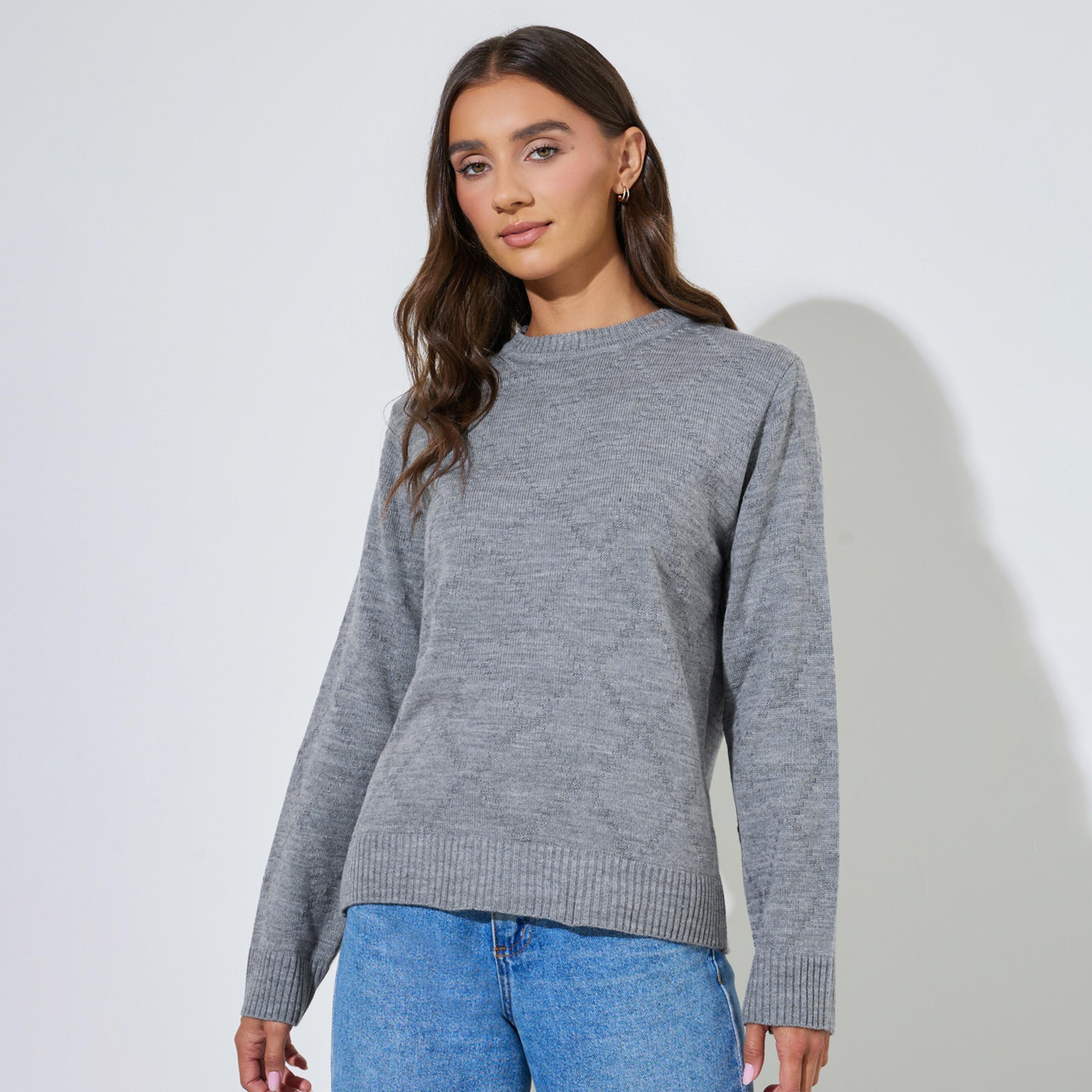 Styli Grey Textured Long Sleeves Regular Fit Sweater-women-winterwear-cardigansandjumpers-jumpers-image-1