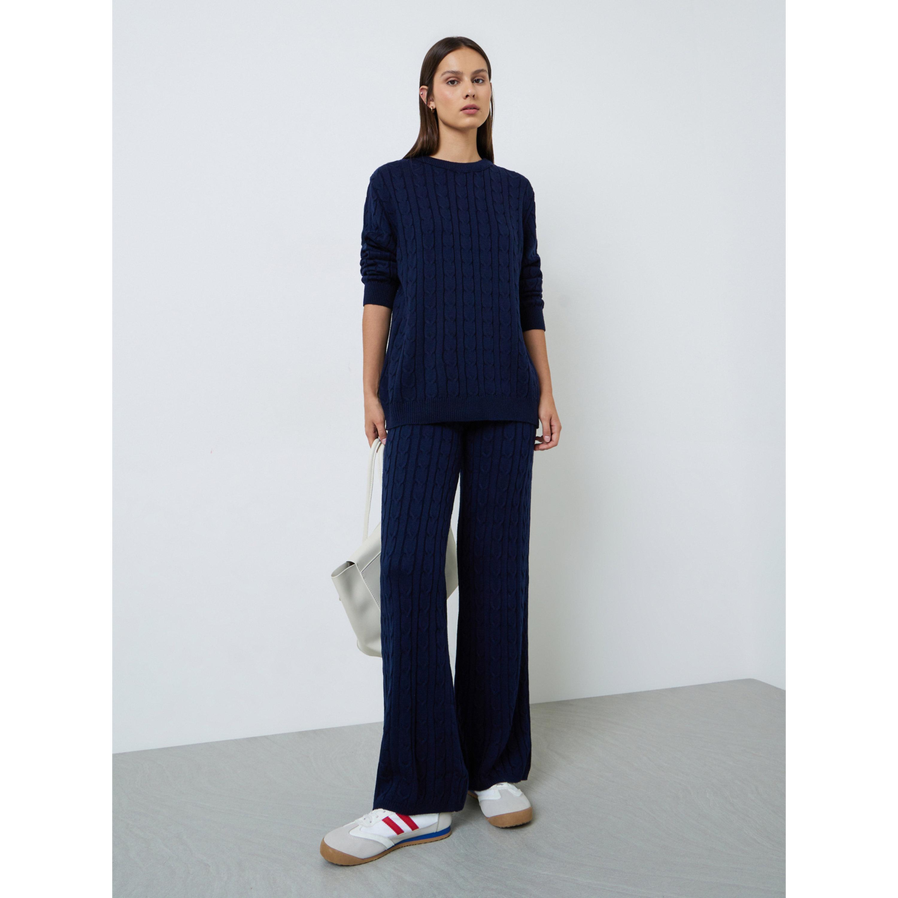 Styli Navy Blue Cable Knit Sweater and Pants Co-ord Set-women-clothing-coordsets-image-1