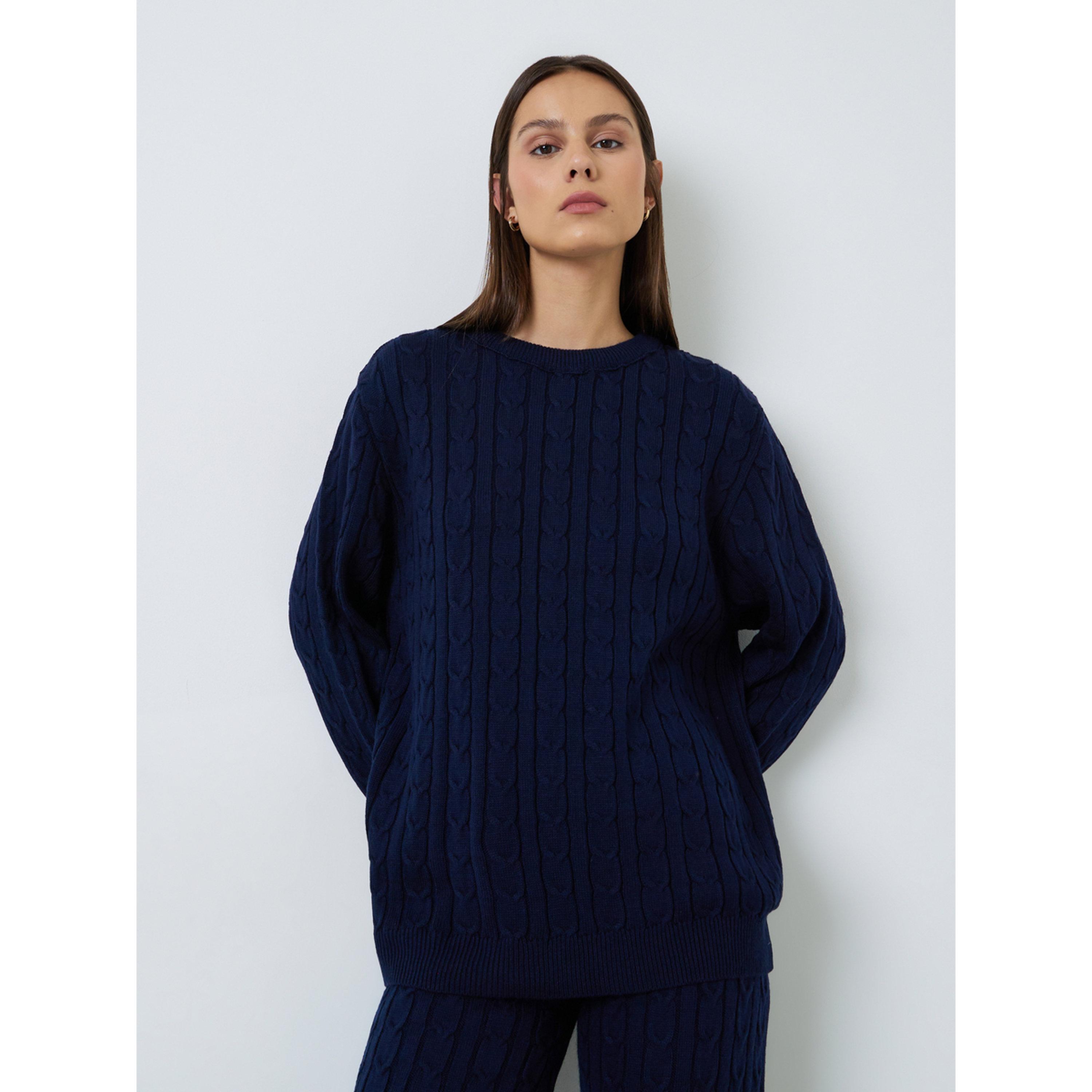 Styli Navy Blue Cable Knit Sweater and Pants Co-ord Set-women-clothing-coordsets-image-2