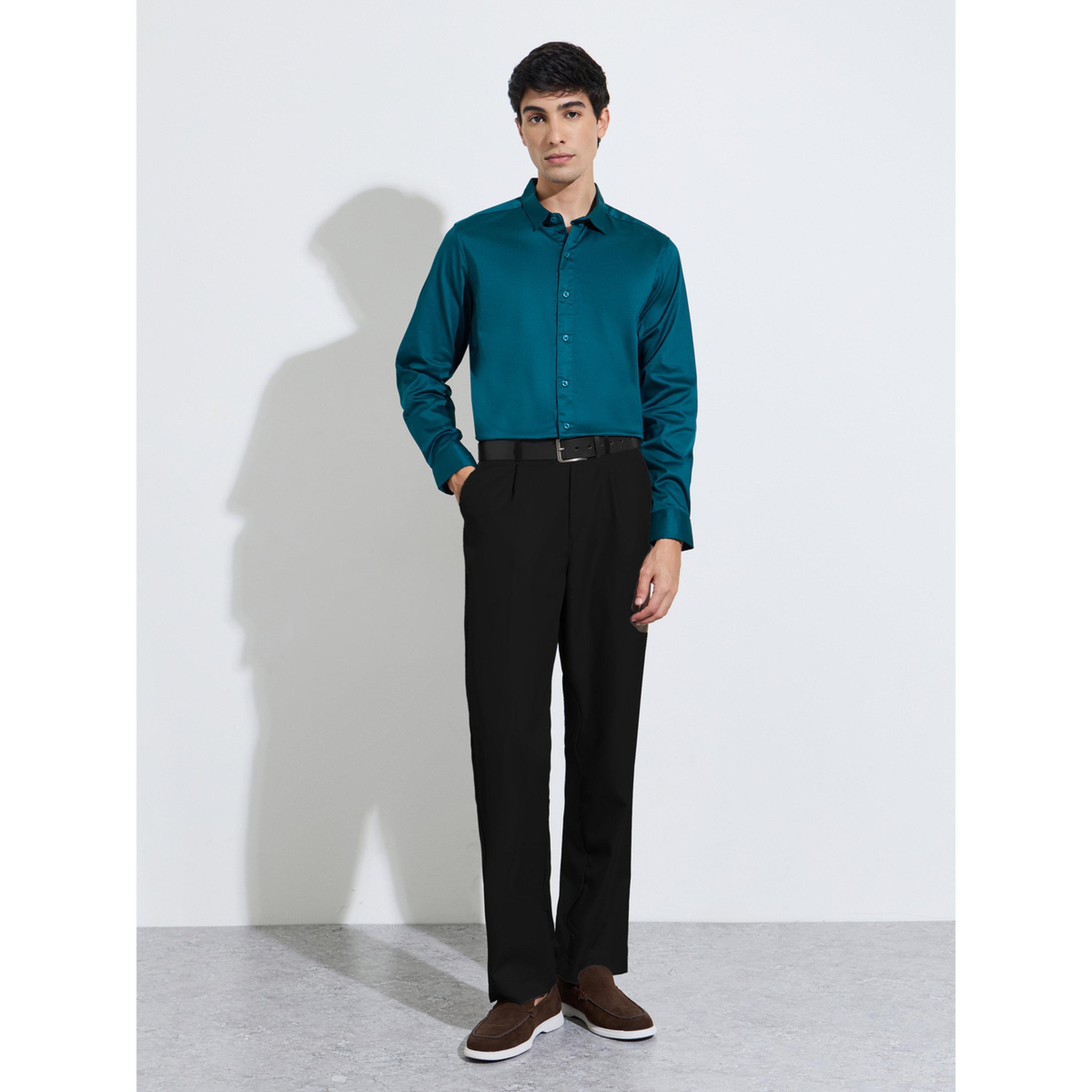 بلوزة سليم فيت ساتان سادة بأكمام طويلة باللون الأكوا الداكن-men-clothing-shirts-image-2
