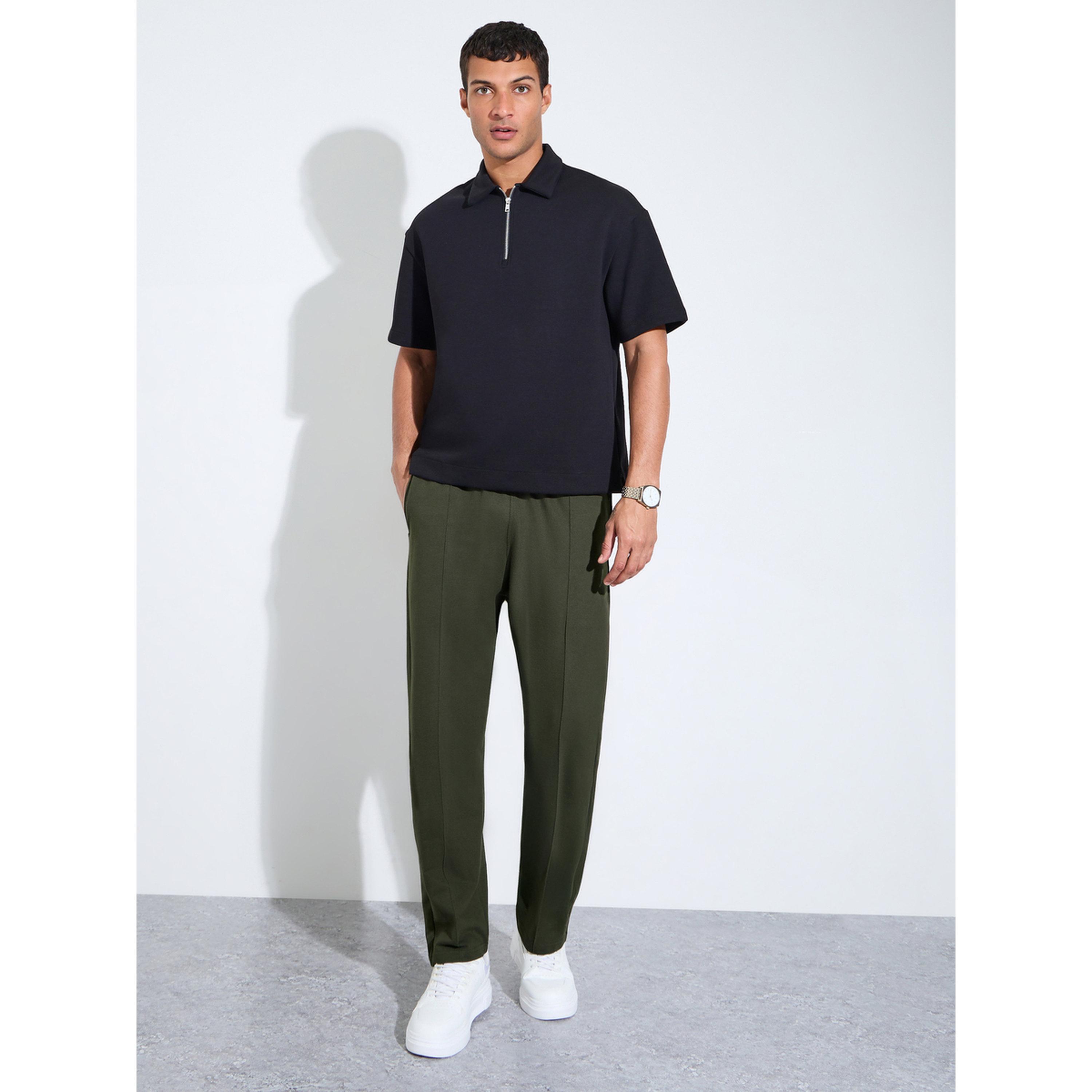 Styli Men Green Plain Pintuck Joggers-men-clothing-joggers-image-2