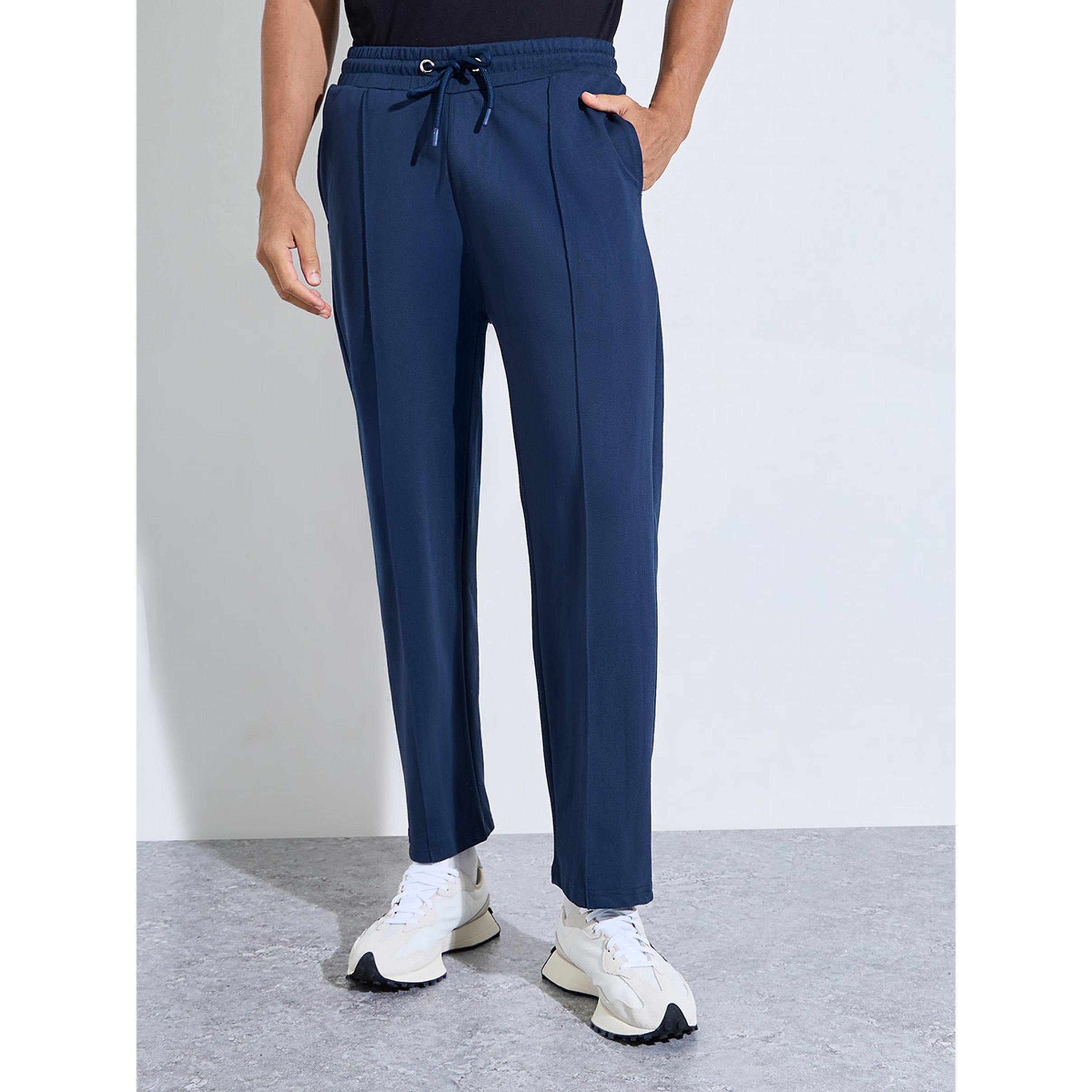 Styli Men Navy Blue Plain Pintuck Joggers-men-clothing-joggers-image-1