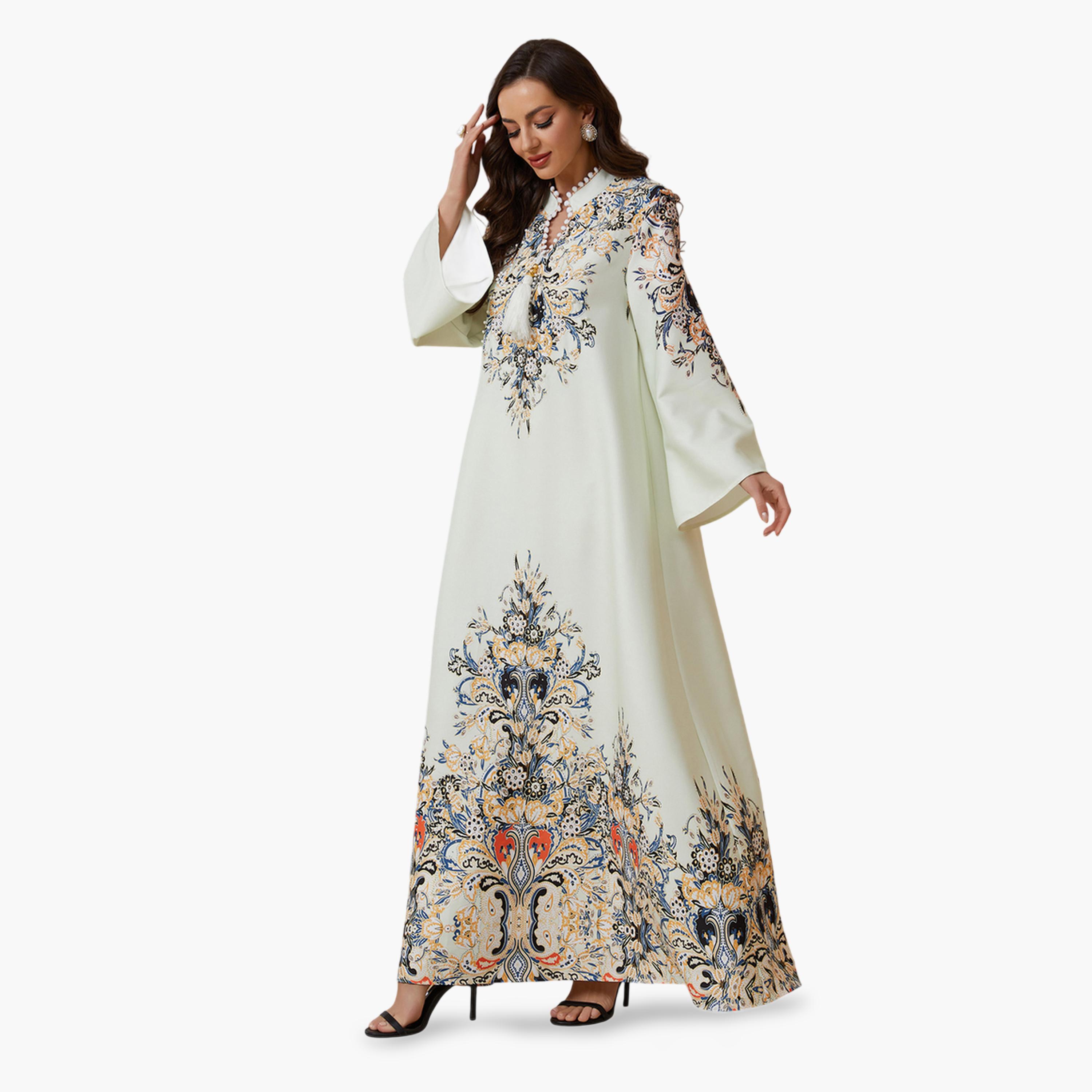 Take Two Green Printed Rhinestones Embellished Jalabiya-women-arabicclothing-jalabiyas-image-3