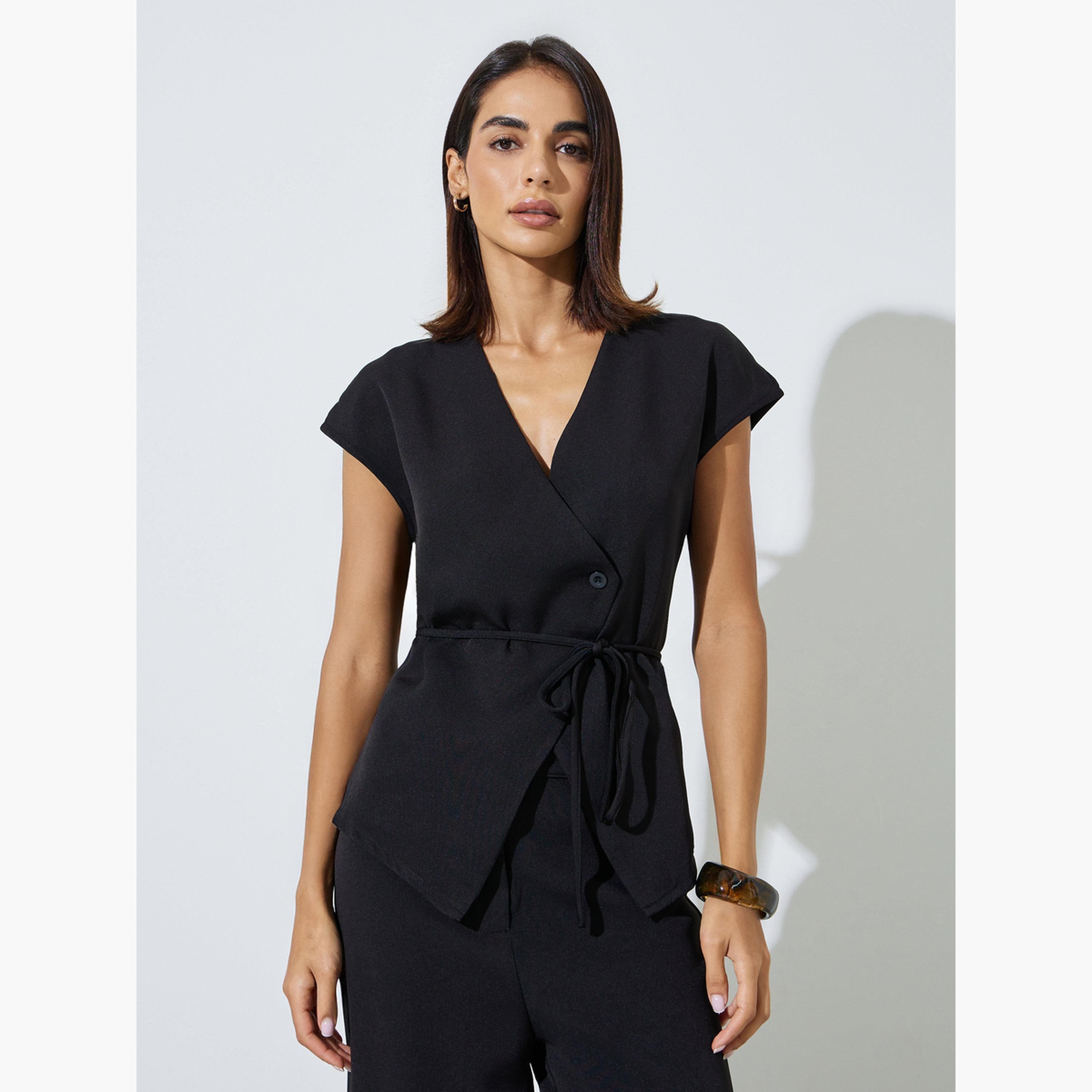 ستايلي - طقم مكون من بلوزة سوداء ملفوفة وبنطال واسع الساقين-women-clothing-coordsets-image-2