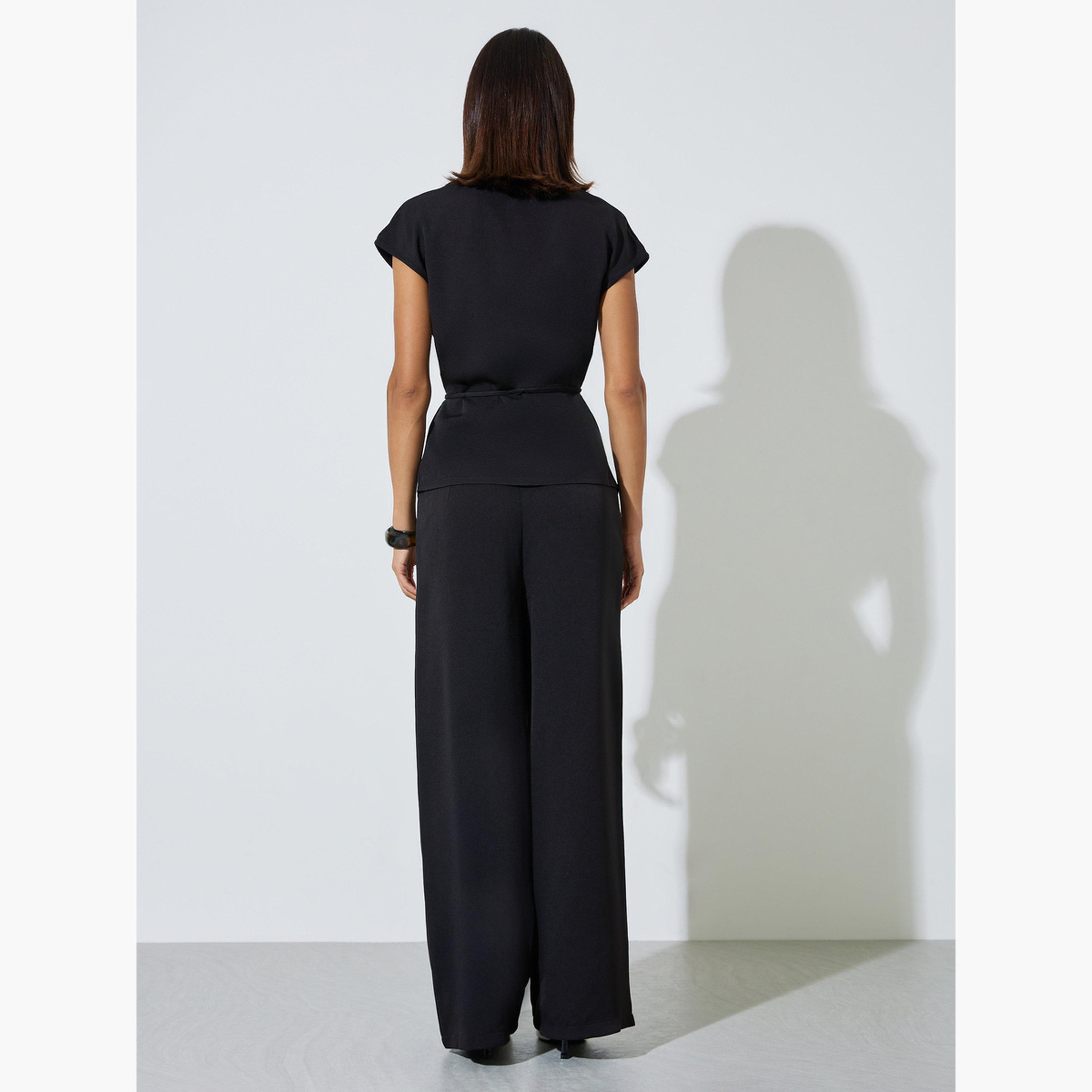 ستايلي - طقم مكون من بلوزة سوداء ملفوفة وبنطال واسع الساقين-women-clothing-coordsets-image-4