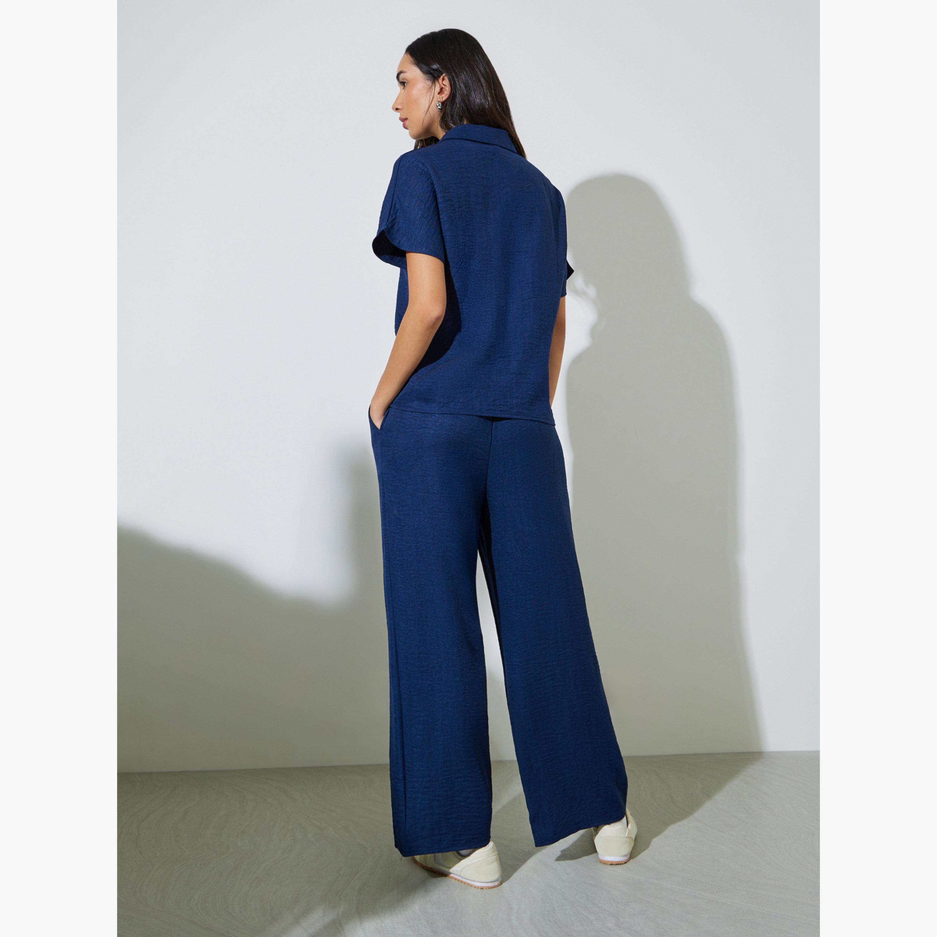 Styli Dark Blue Drop Shoulder Sleeve Shirt and Wide Leg Pants Set-women-clothing-coordsets-image-4