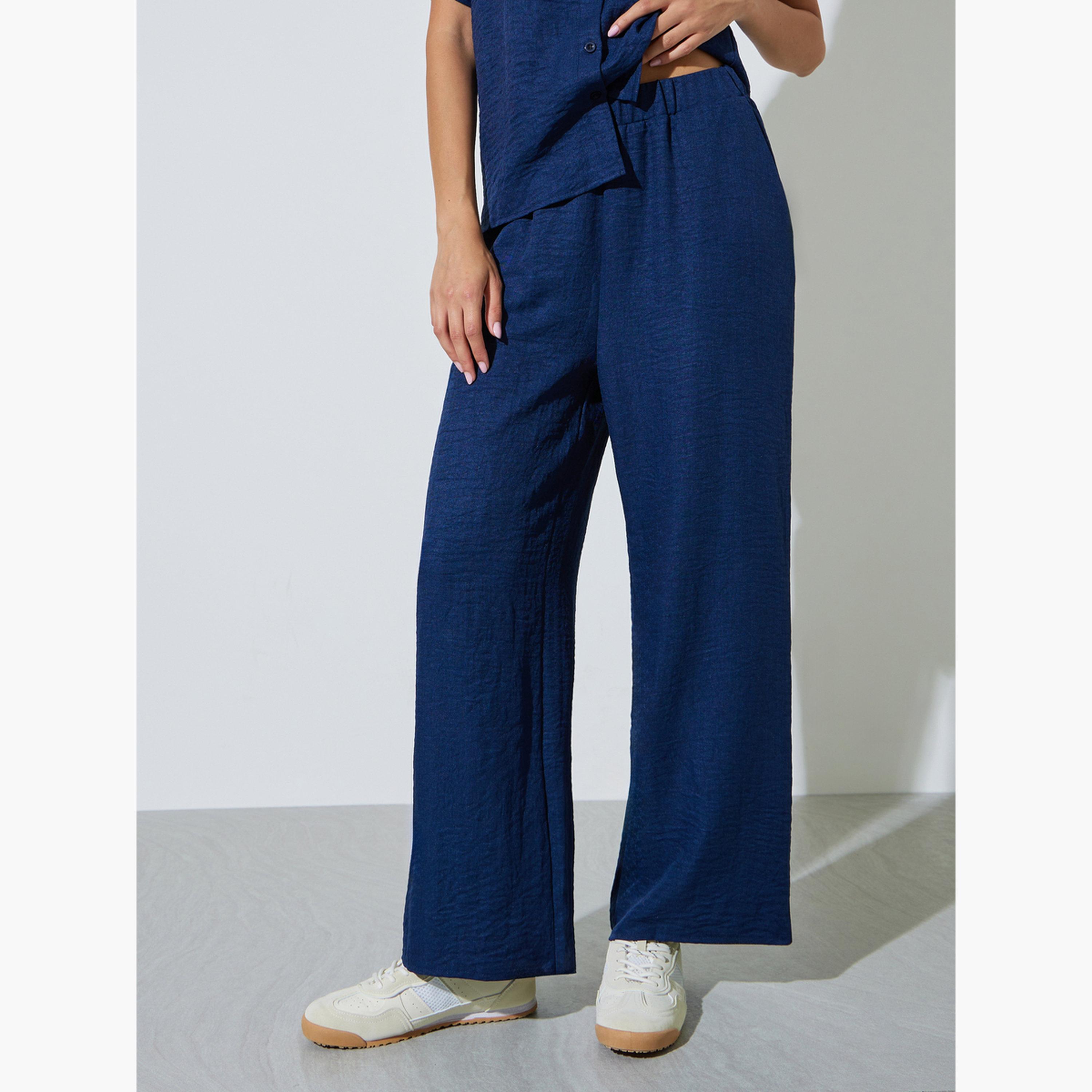 Styli Dark Blue Drop Shoulder Sleeve Shirt and Wide Leg Pants Set-women-clothing-coordsets-image-5