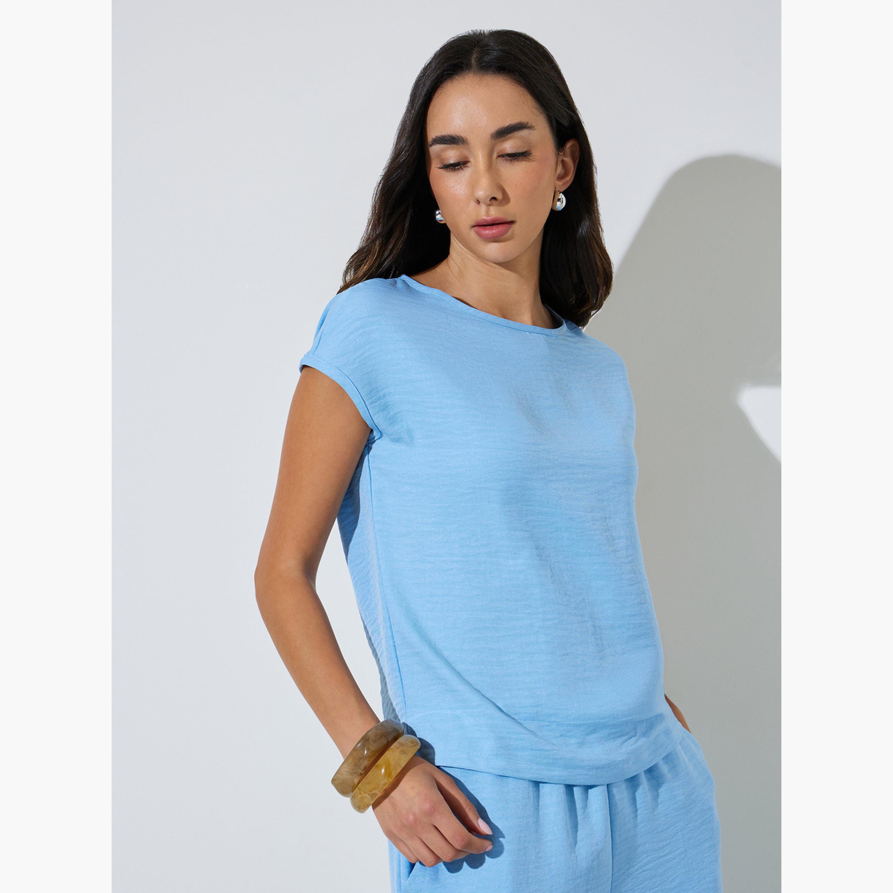 Styli Blue Solid Woven Cap Sleeve Top and Wide Leg Pants Set-women-clothing-coordsets-image-2