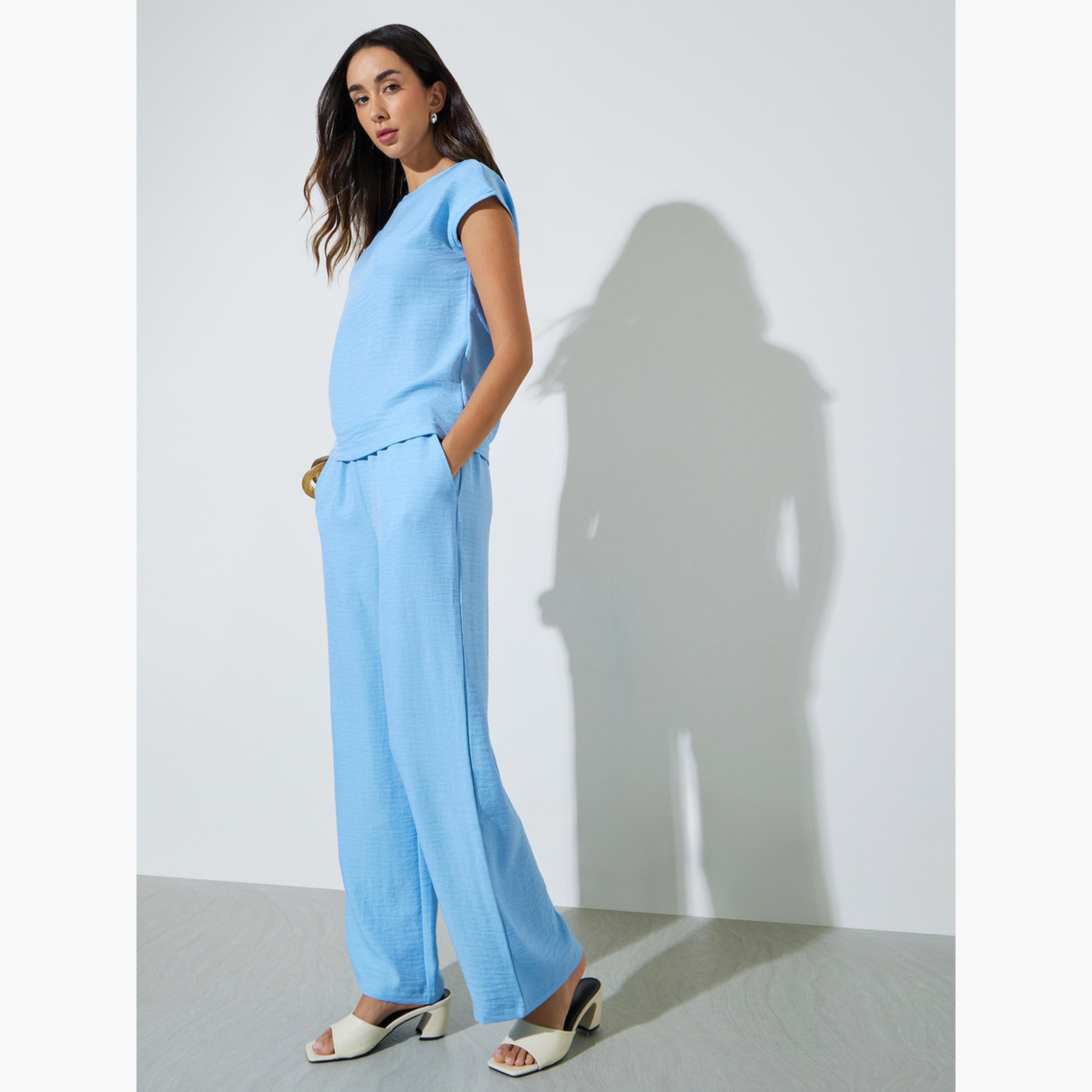 Styli Blue Solid Woven Cap Sleeve Top and Wide Leg Pants Set-women-clothing-coordsets-image-3