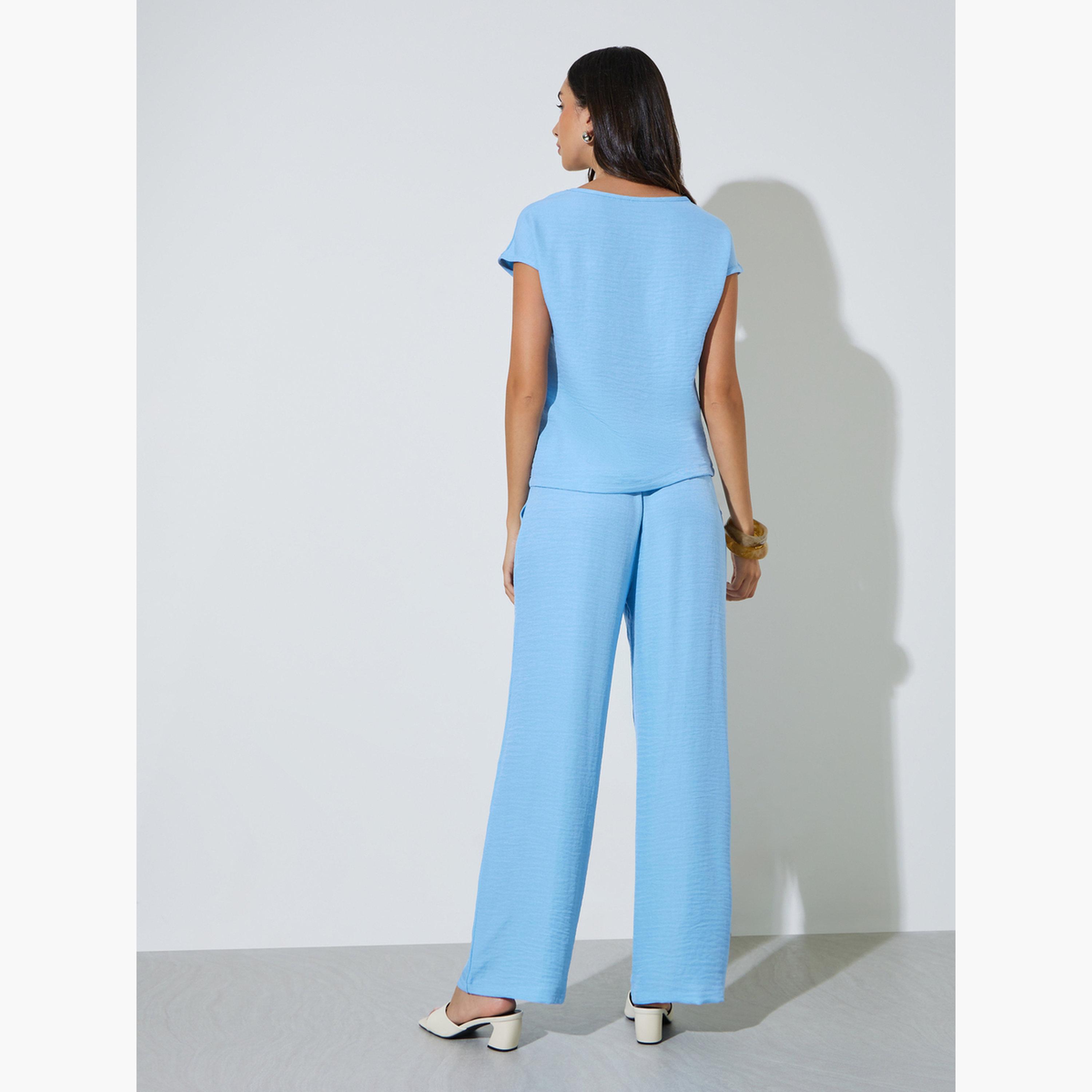 Styli Blue Solid Woven Cap Sleeve Top and Wide Leg Pants Set-women-clothing-coordsets-image-4
