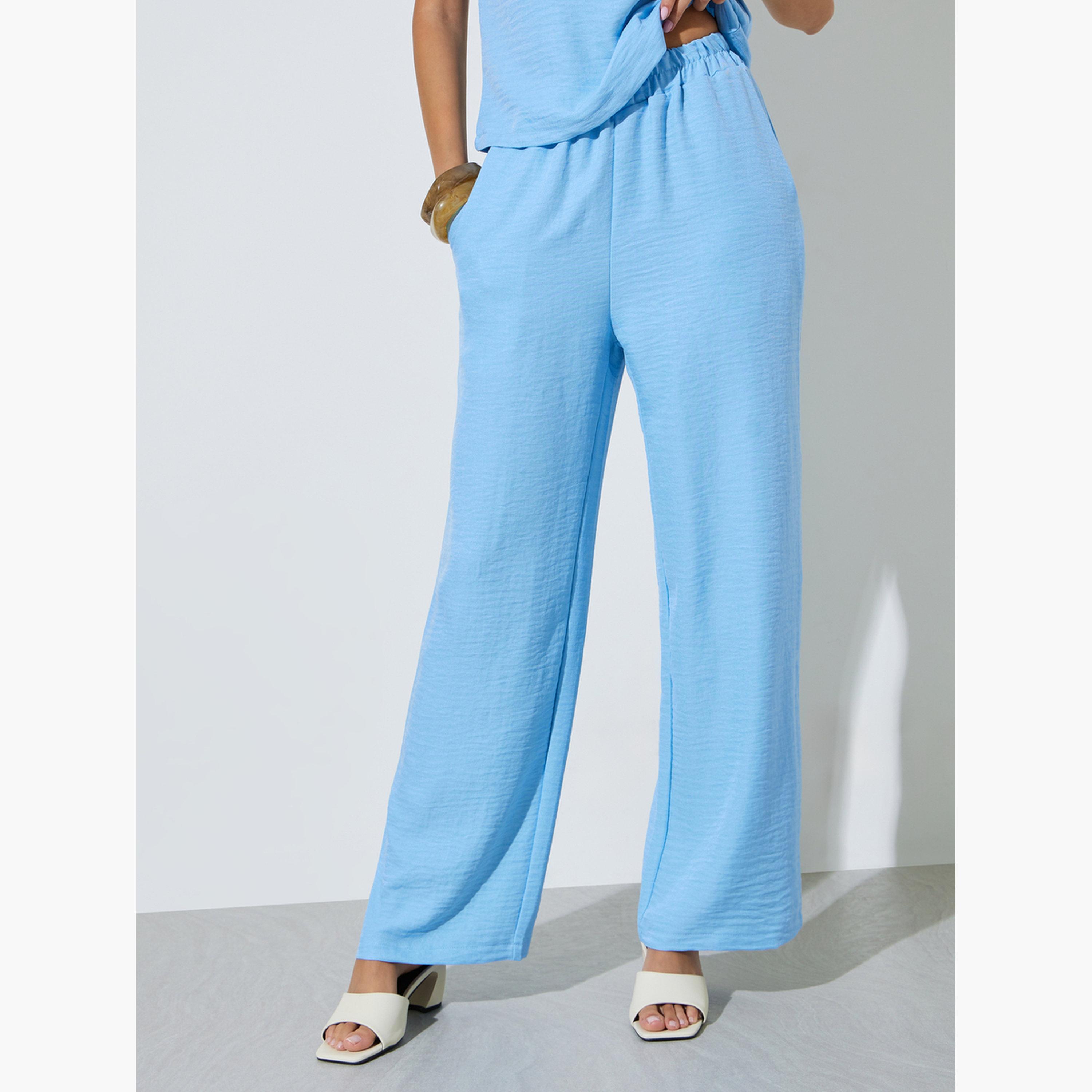 Styli Blue Solid Woven Cap Sleeve Top and Wide Leg Pants Set-women-clothing-coordsets-image-5