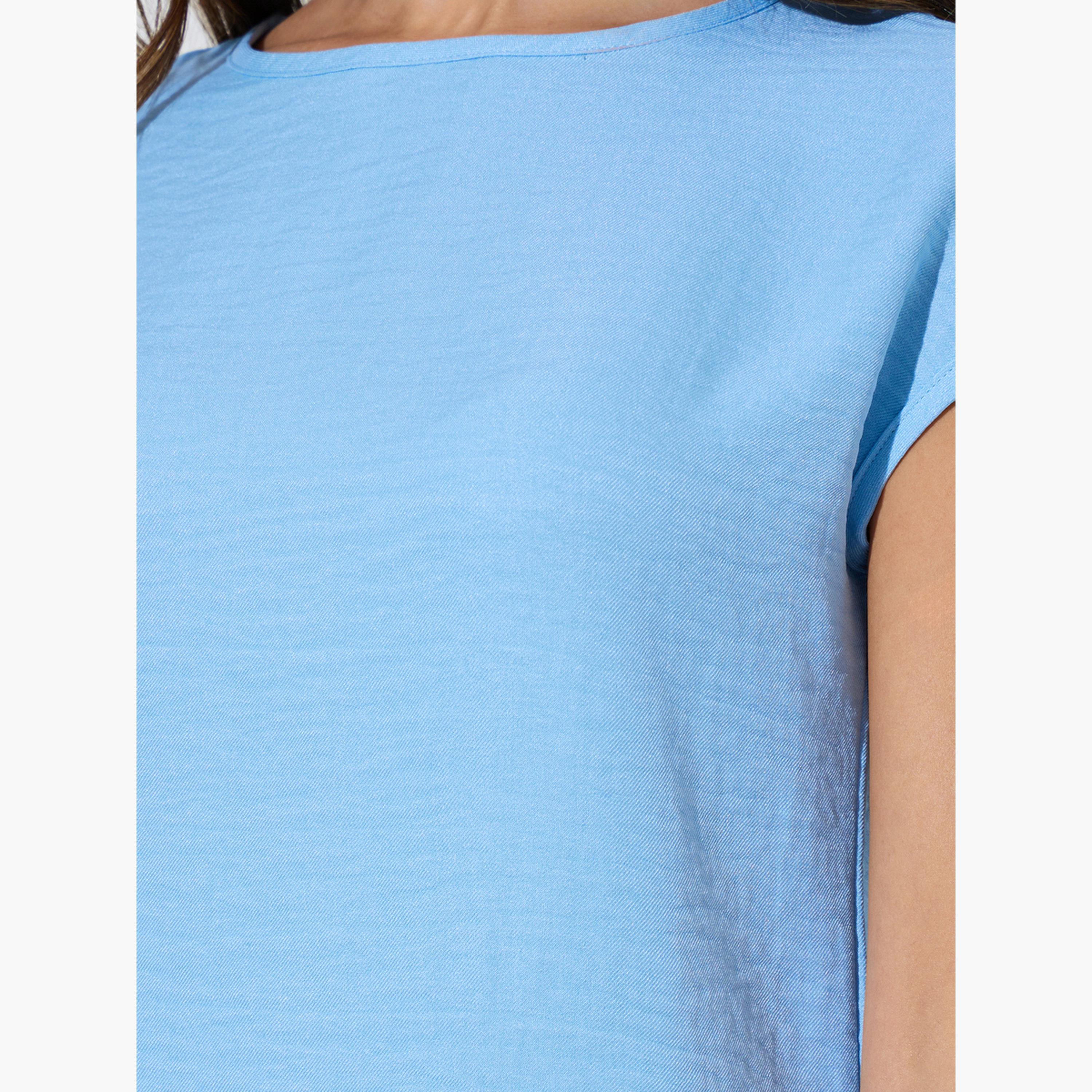 Styli Blue Solid Woven Cap Sleeve Top and Wide Leg Pants Set-women-clothing-coordsets-image-6