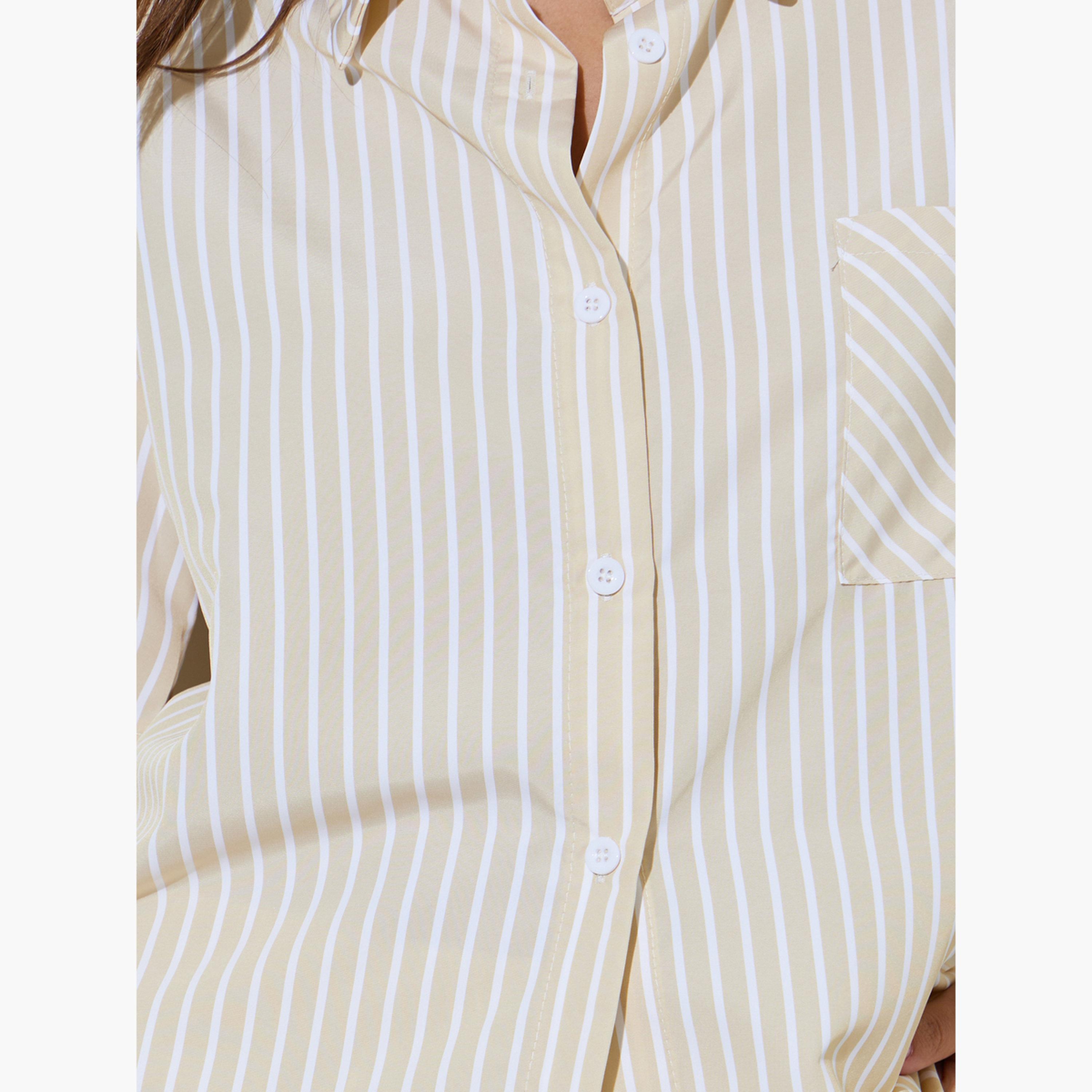 مجموعة من بنطال بأرجل واسعة وبلوزة مخططة بأكمام قصيرة-women-clothing-coordsets-image-6
