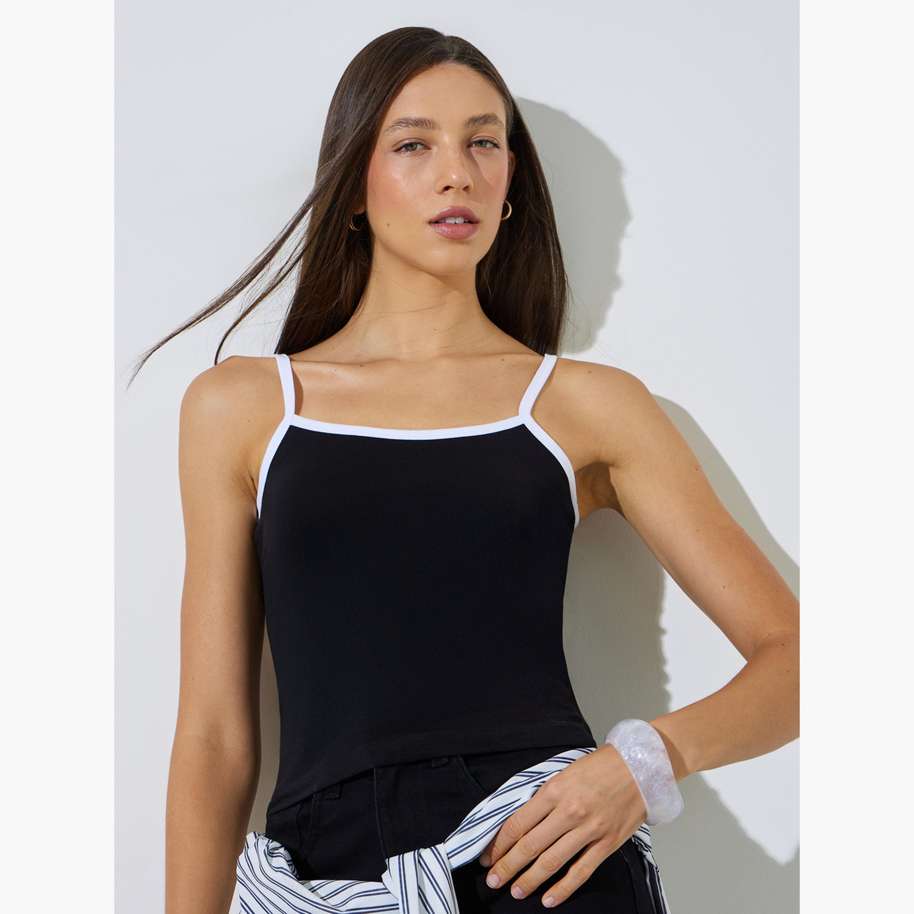 Styli Black Cotton Lycra Cami with Contrast Trim-women-clothing-shirtsandblouses-blouses-image-1