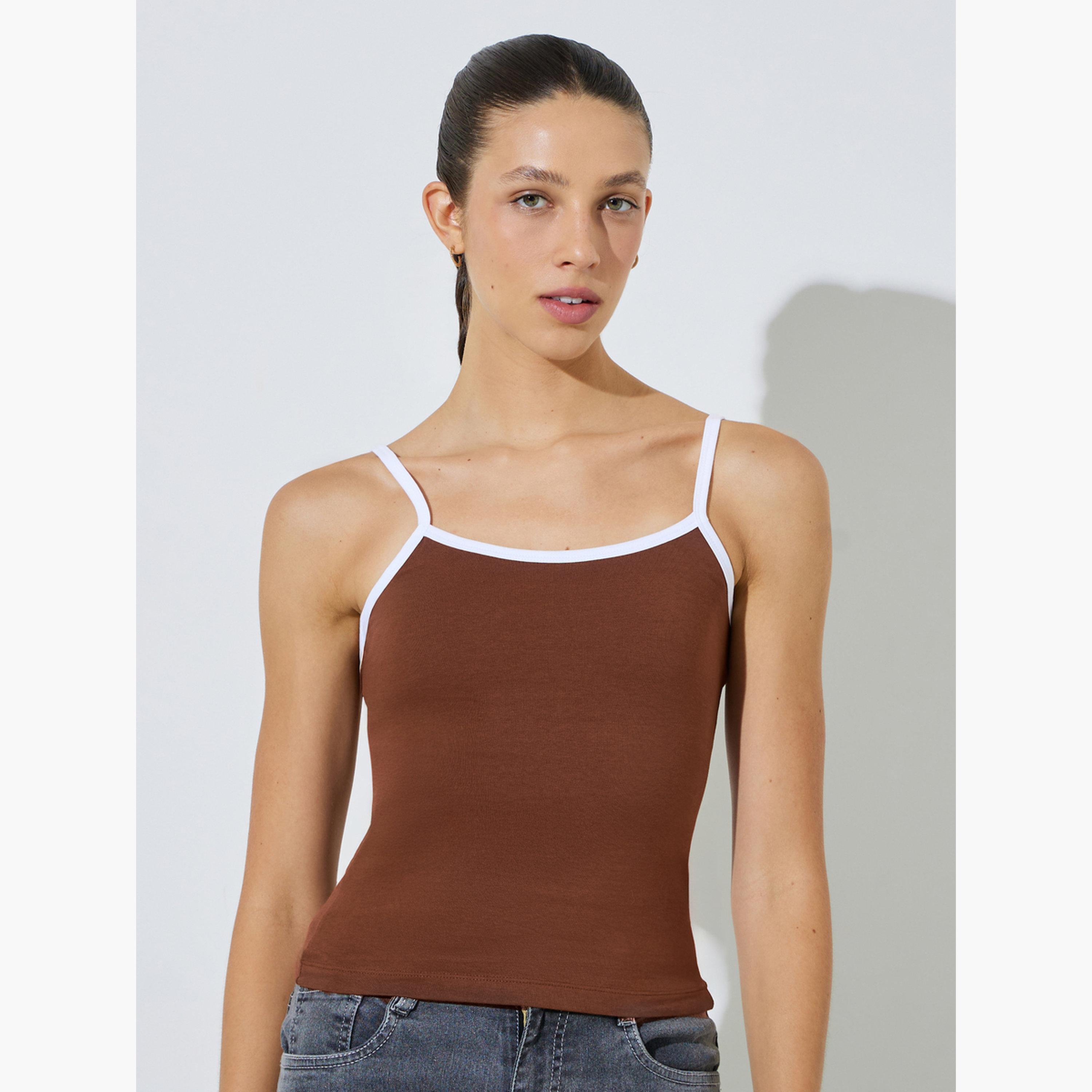 Styli Brown Cotton Lycra Cami with Contrast Trim-women-clothing-shirtsandblouses-blouses-image-1