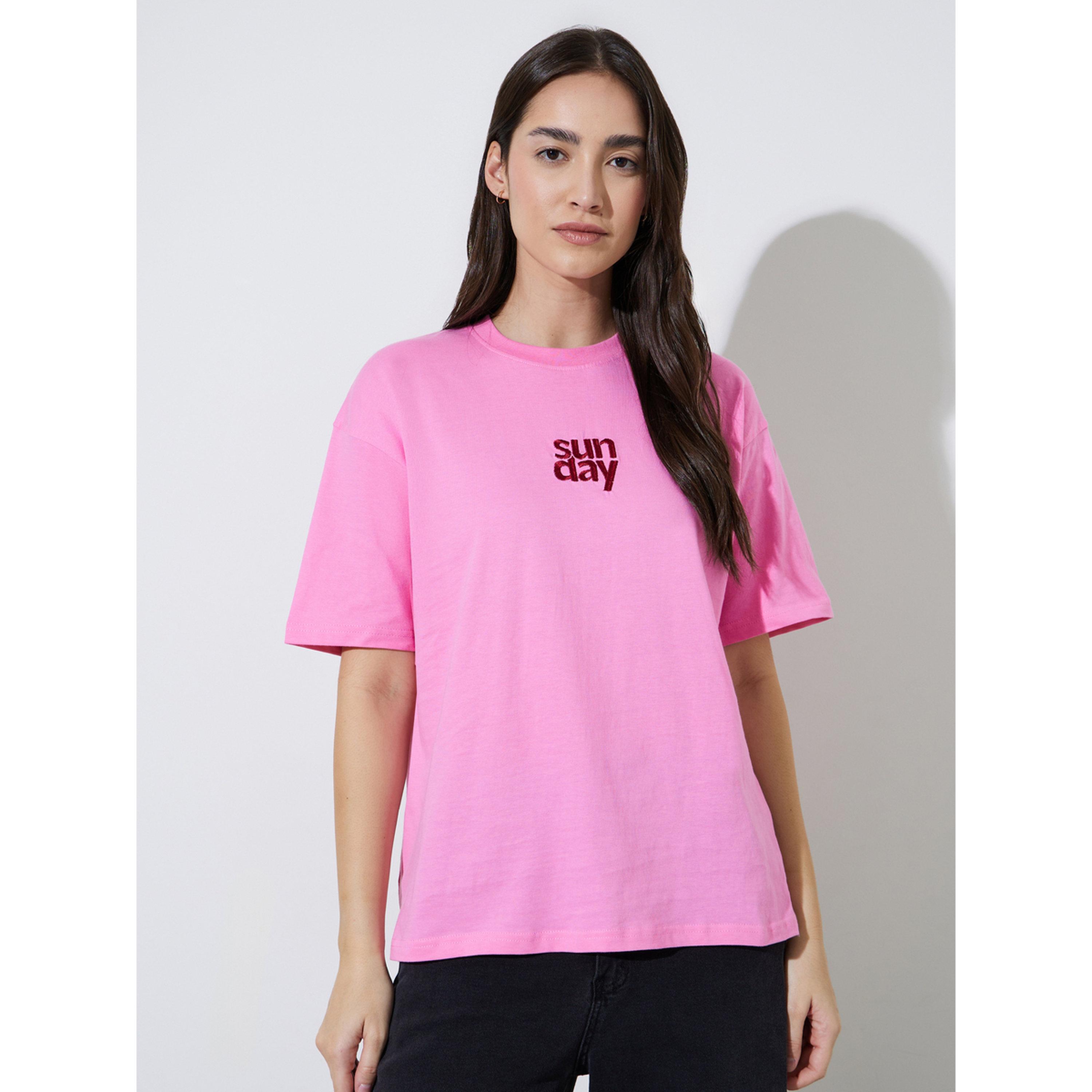 Styli Pink Embroidered Cotton Oversized T-Shirt-women-clothing-tshirts-image-1