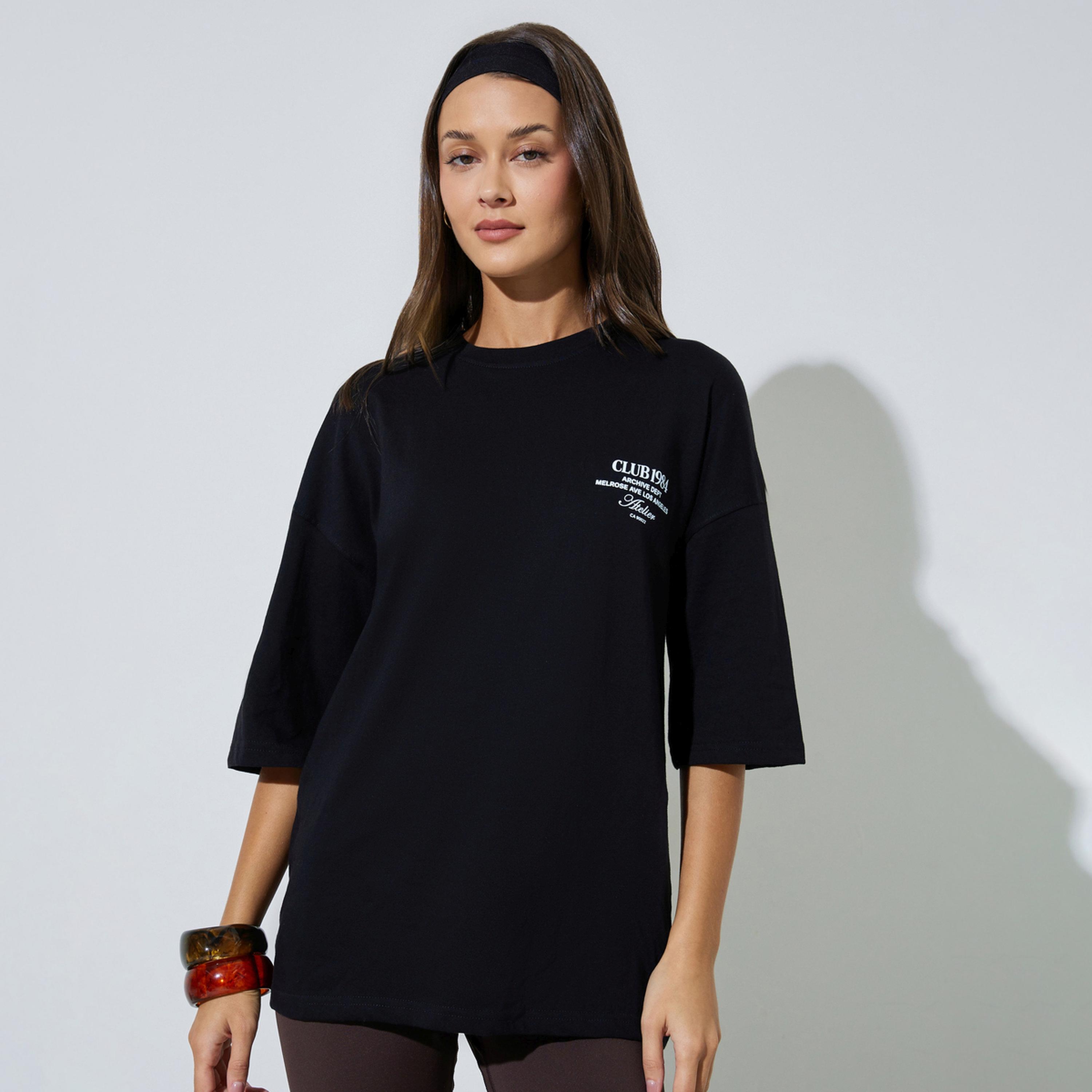Styli Black Slogan Print Oversized T-Shirt-women-clothing-tshirts-image-1