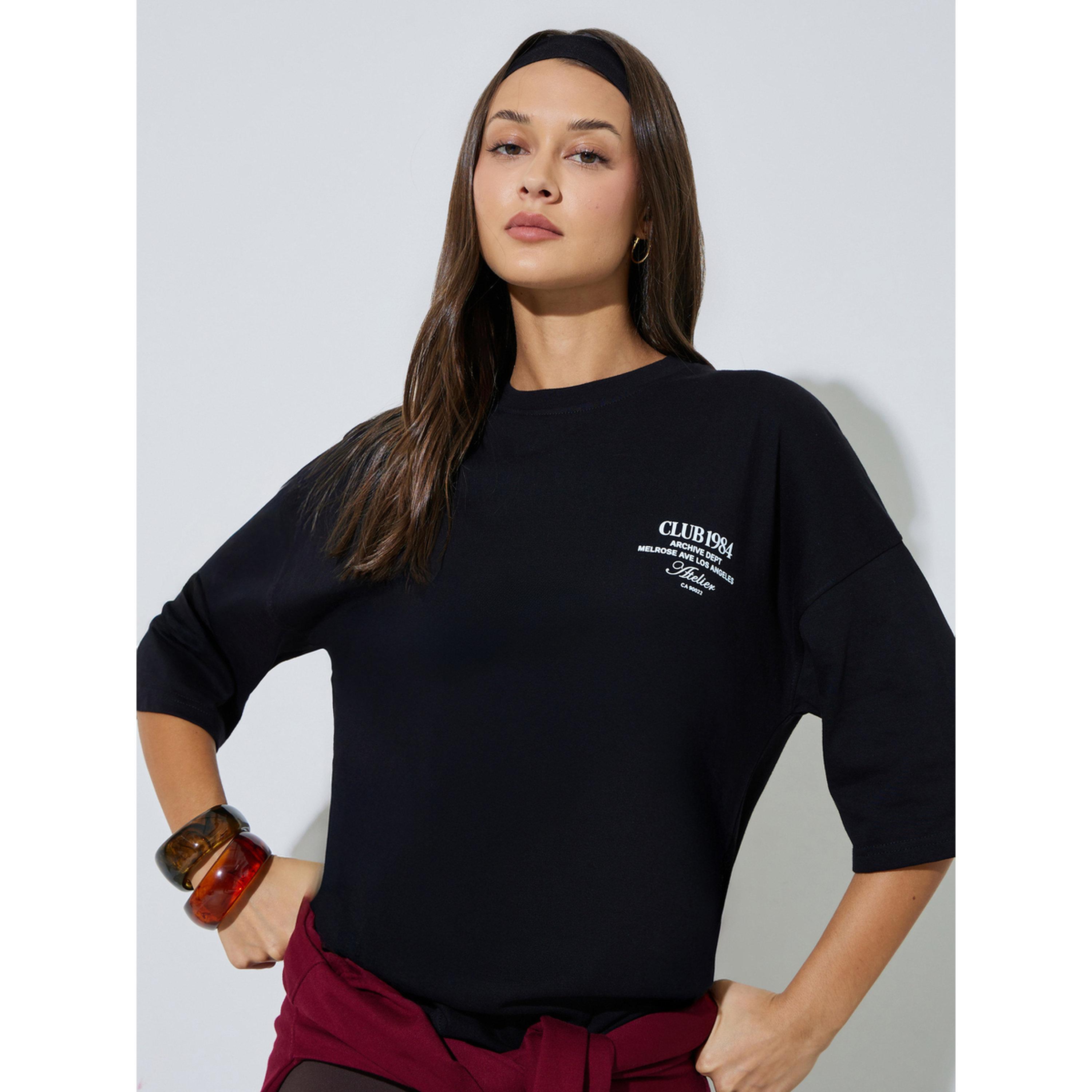 Styli Black Slogan Print Oversized T-Shirt-women-clothing-tshirts-image-3