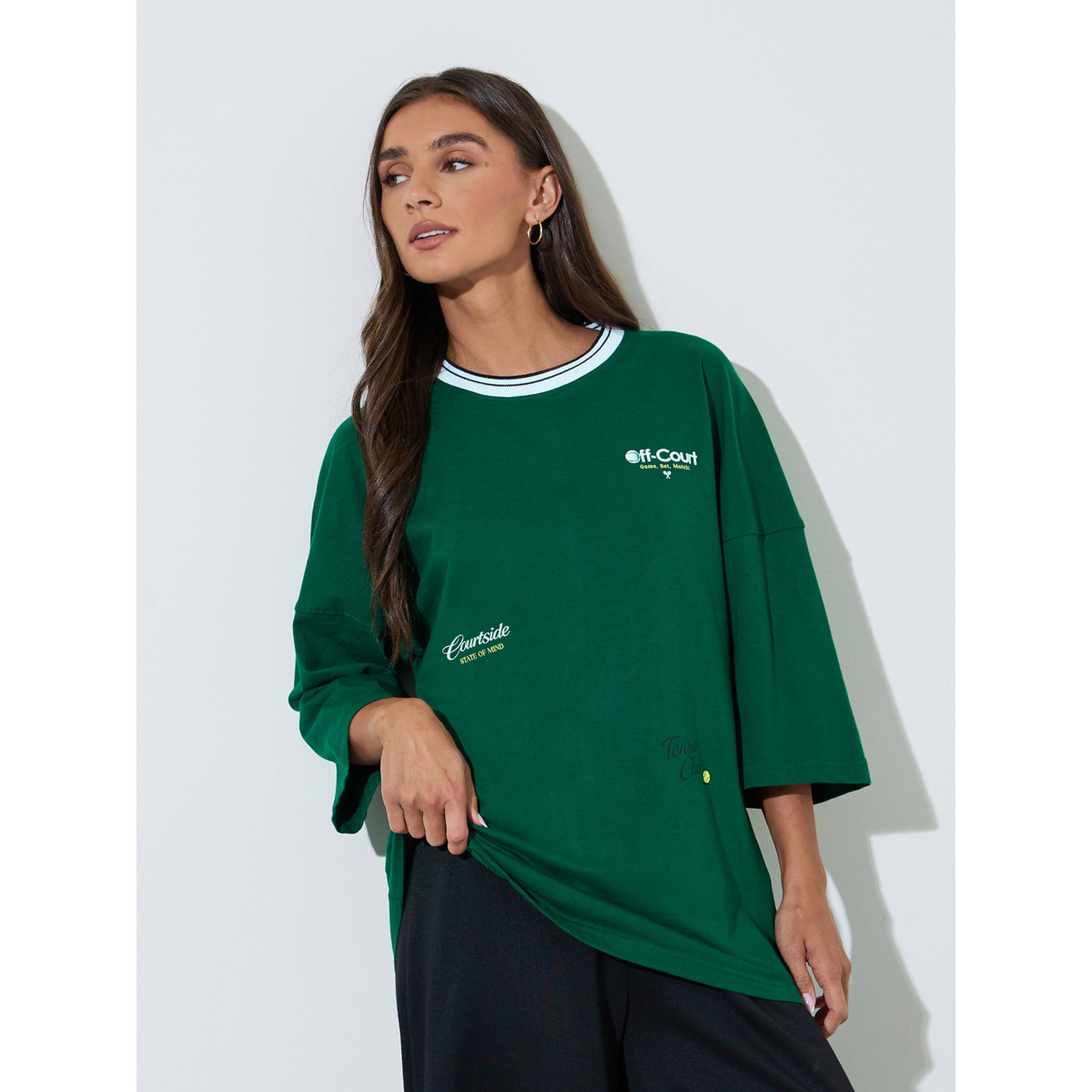 Styli Green Graphic Print Contrast Neckline Oversized T-Shirt-women-clothing-tshirts-image-1