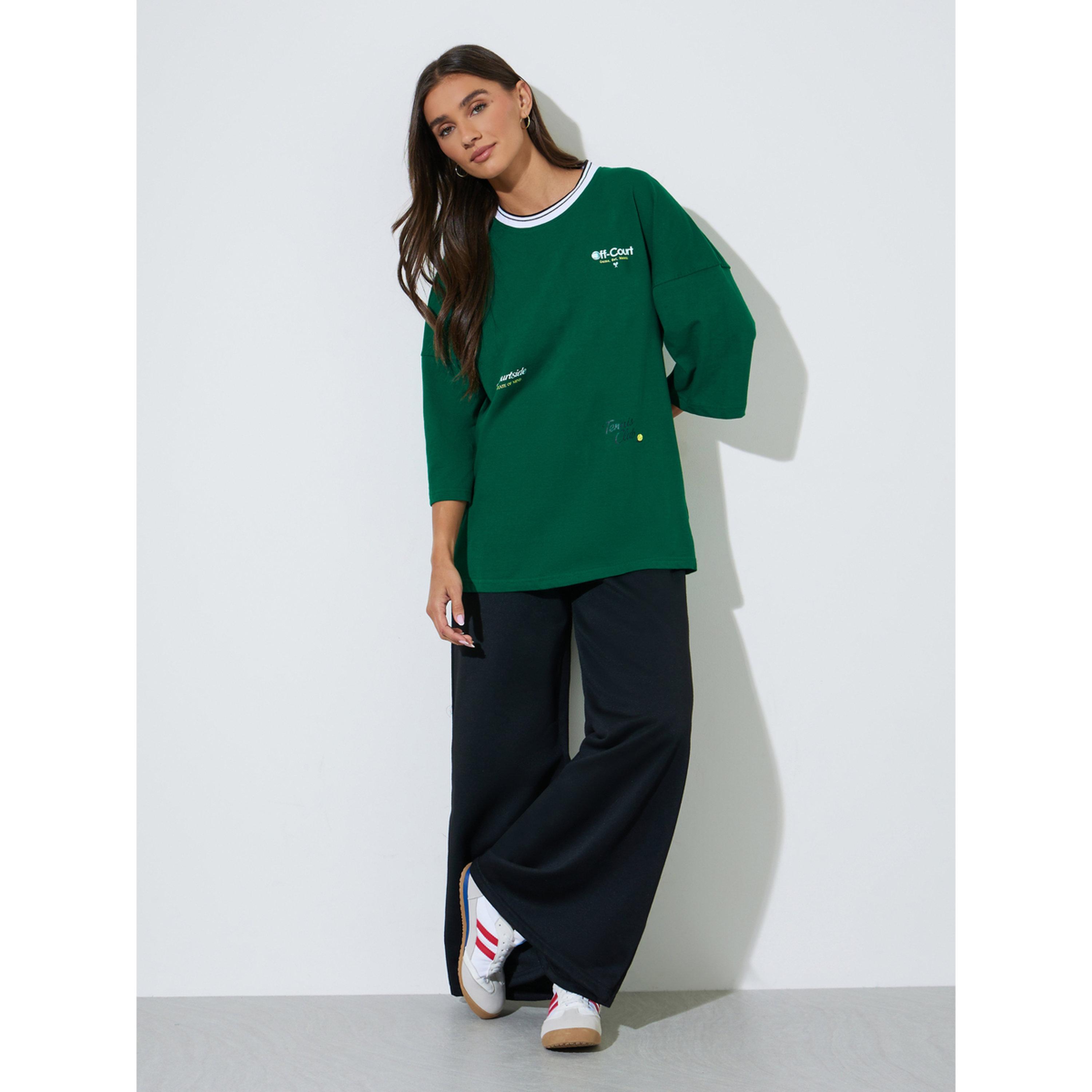 Styli Green Graphic Print Contrast Neckline Oversized T-Shirt-women-clothing-tshirts-image-2