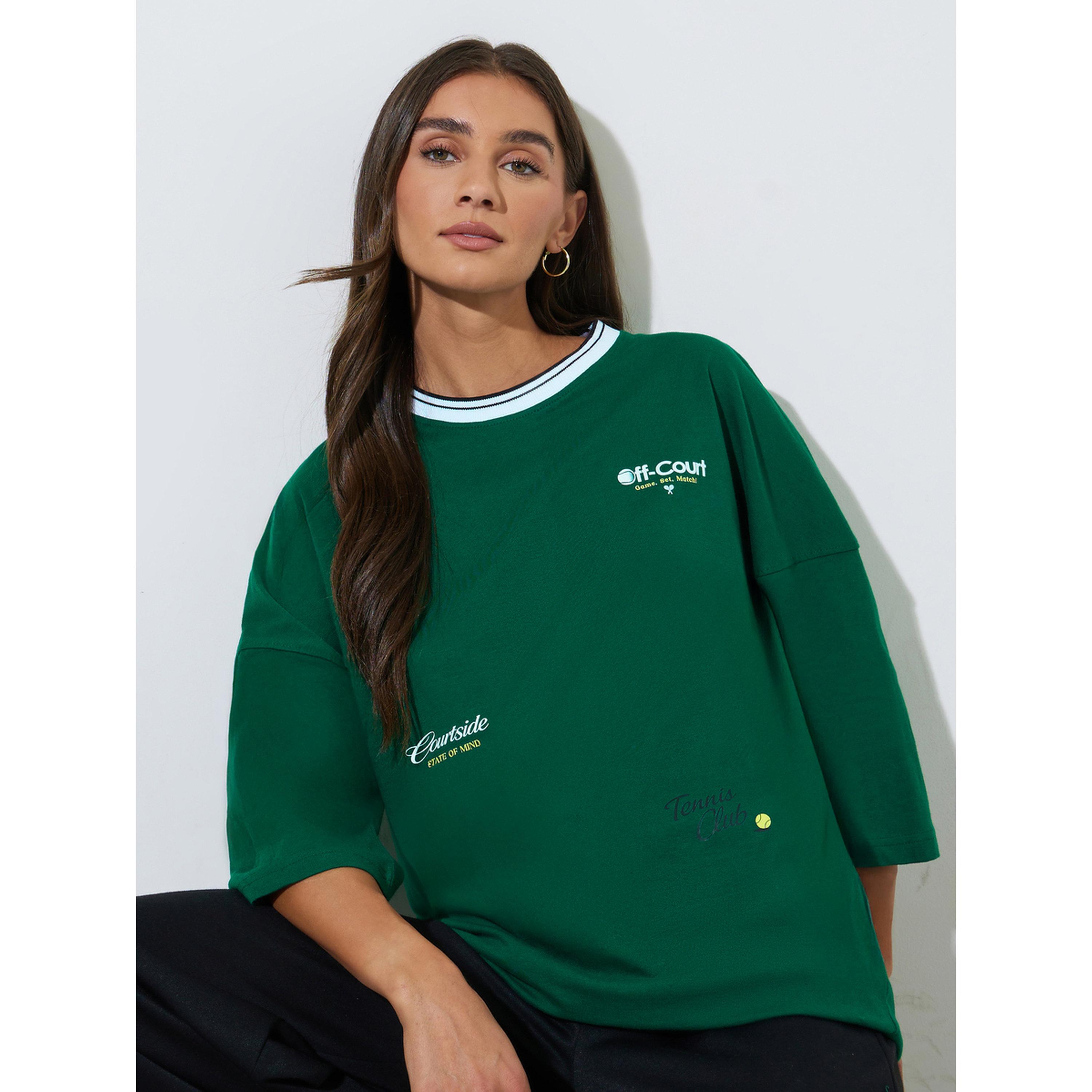 Styli Green Graphic Print Contrast Neckline Oversized T-Shirt-women-clothing-tshirts-image-4
