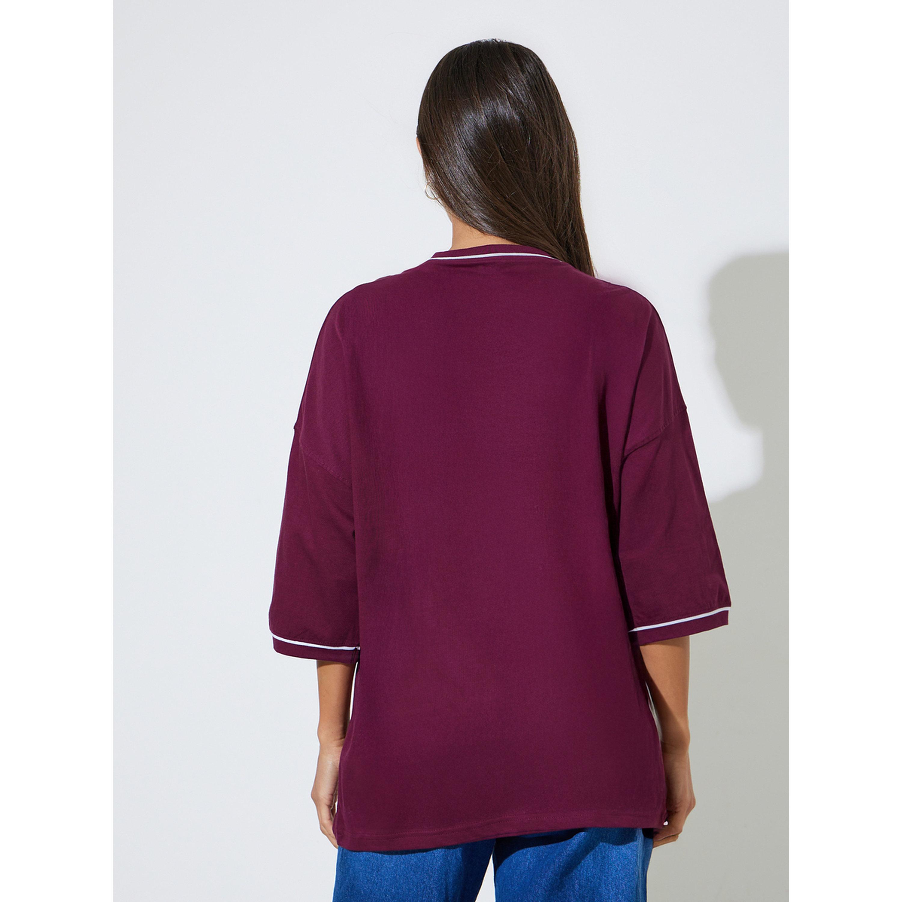 ستايلي - تيشيرت  أرجواني مطبوع برسومات وحواف متباينة مقاس واسع-women-clothing-tshirts-image-3