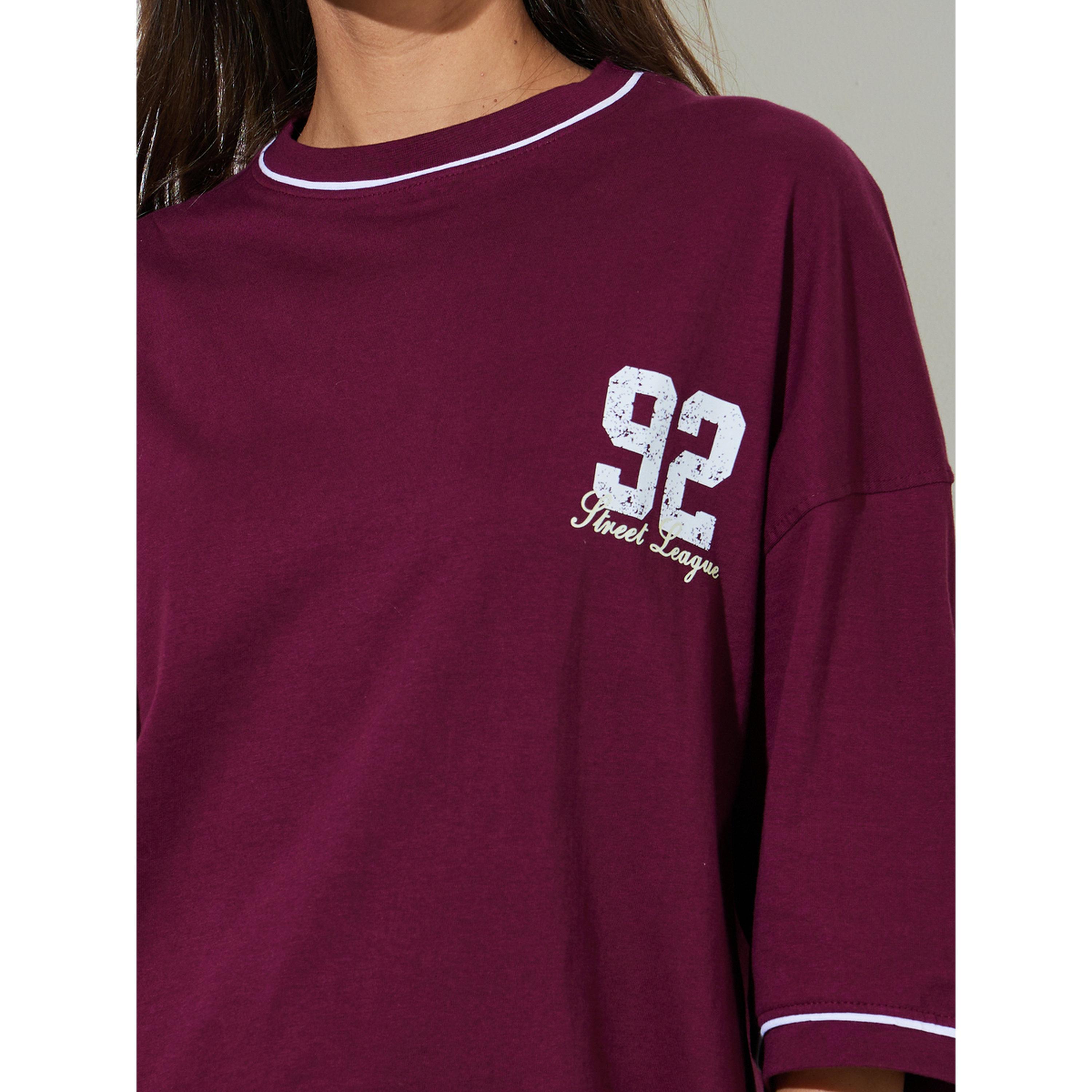 ستايلي - تيشيرت  أرجواني مطبوع برسومات وحواف متباينة مقاس واسع-women-clothing-tshirts-image-5