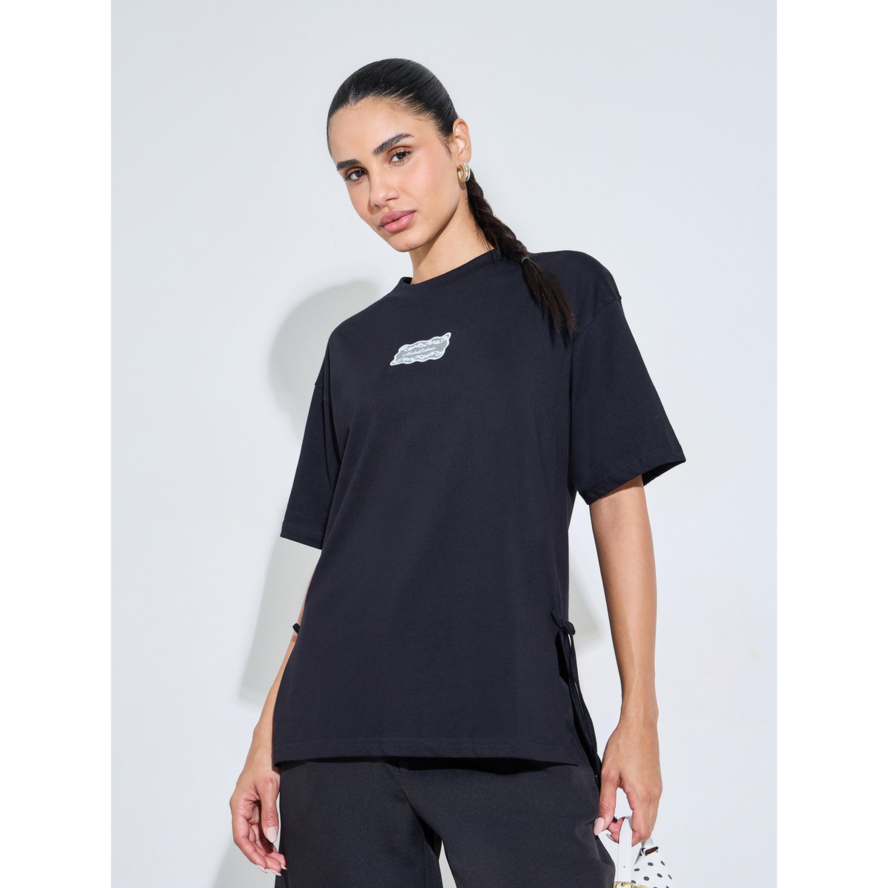 Styli Black Side Tie Detail and Graphic Print Knitted T-Shirt-women-clothing-tshirts-image-1