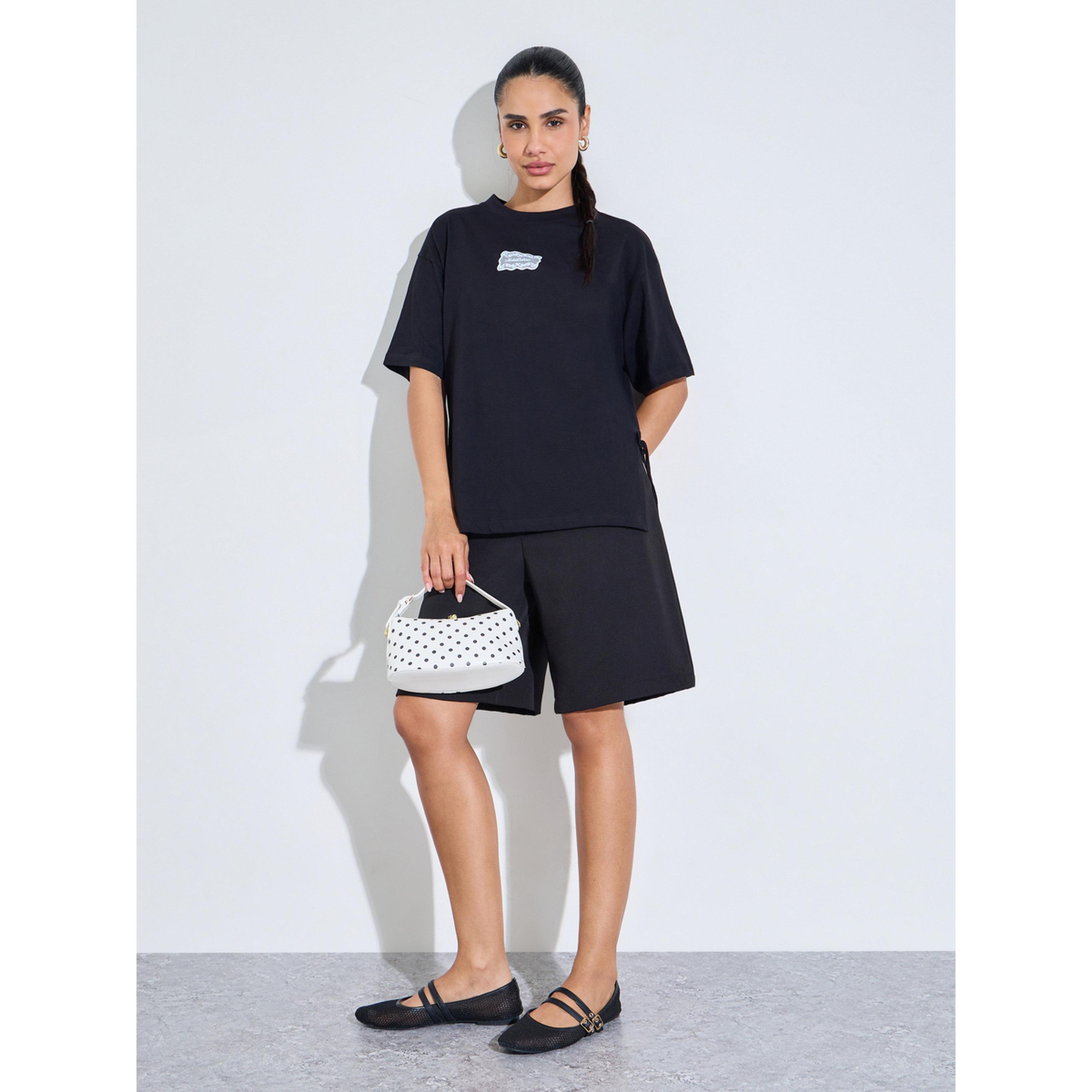 Styli Black Side Tie Detail and Graphic Print Knitted T-Shirt-women-clothing-tshirts-image-2