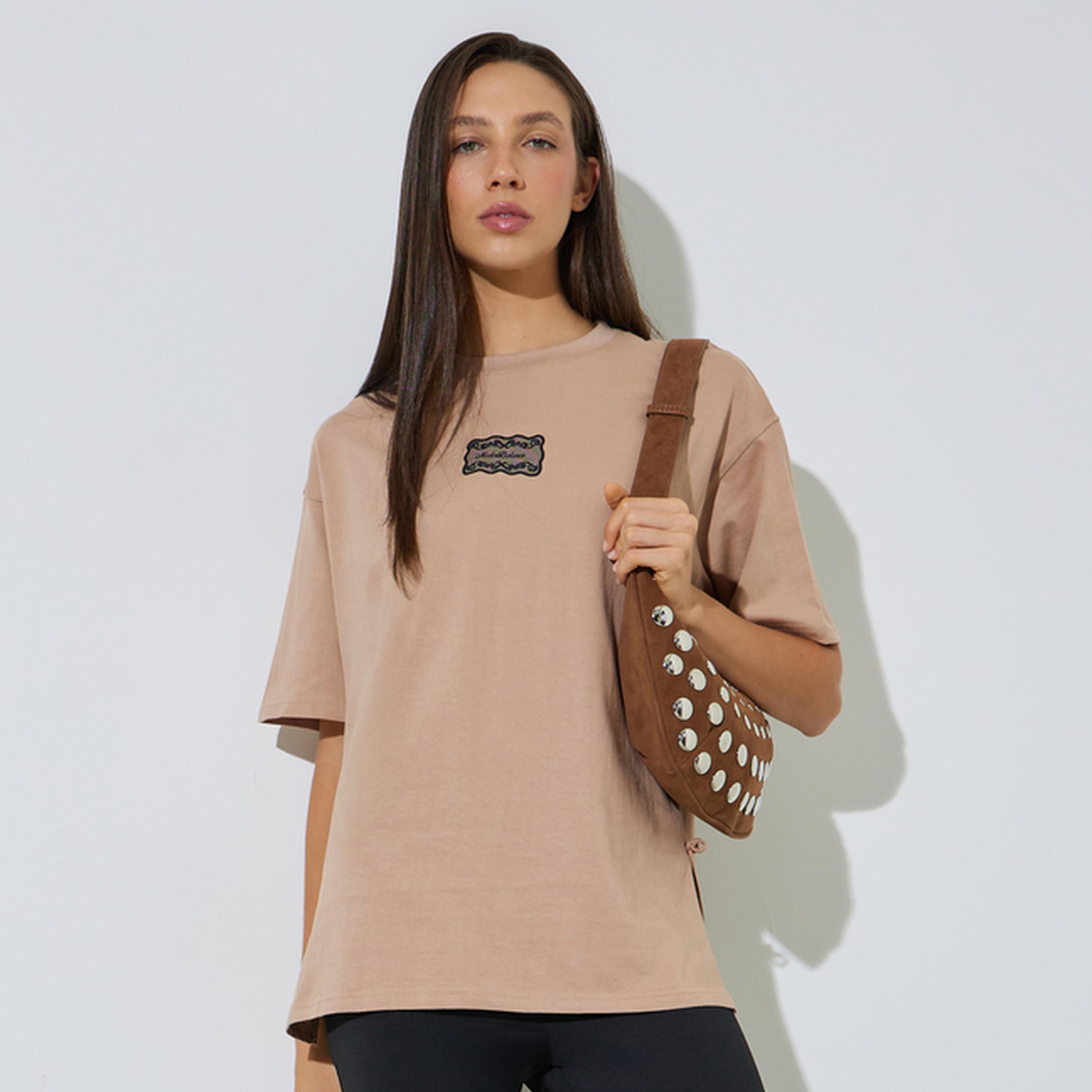 Styli Brown Side Tie Detail and Graphic Print Knitted T-Shirt-women-clothing-tshirts-image-1