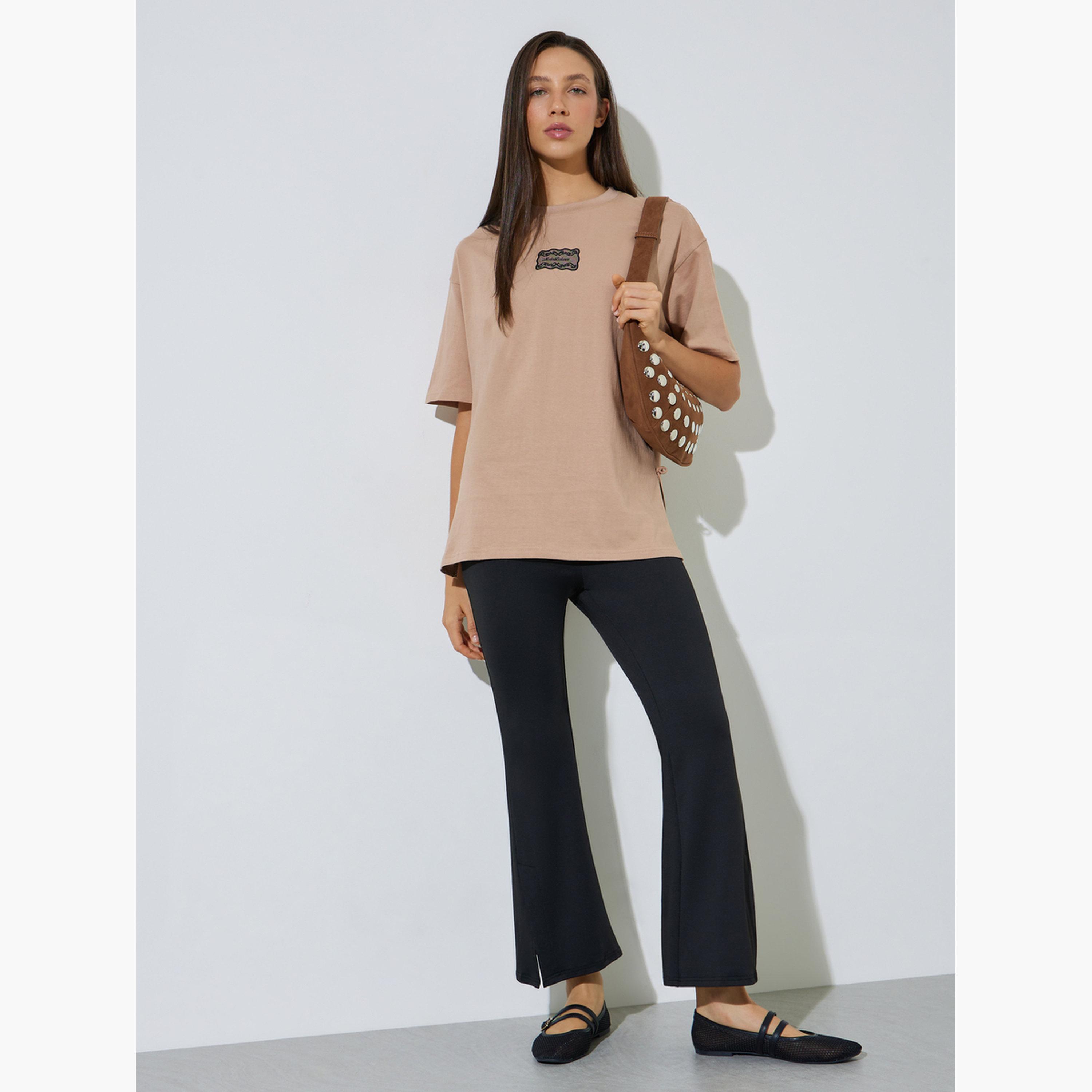 Styli Brown Side Tie Detail and Graphic Print Knitted T-Shirt-women-clothing-tshirts-image-2
