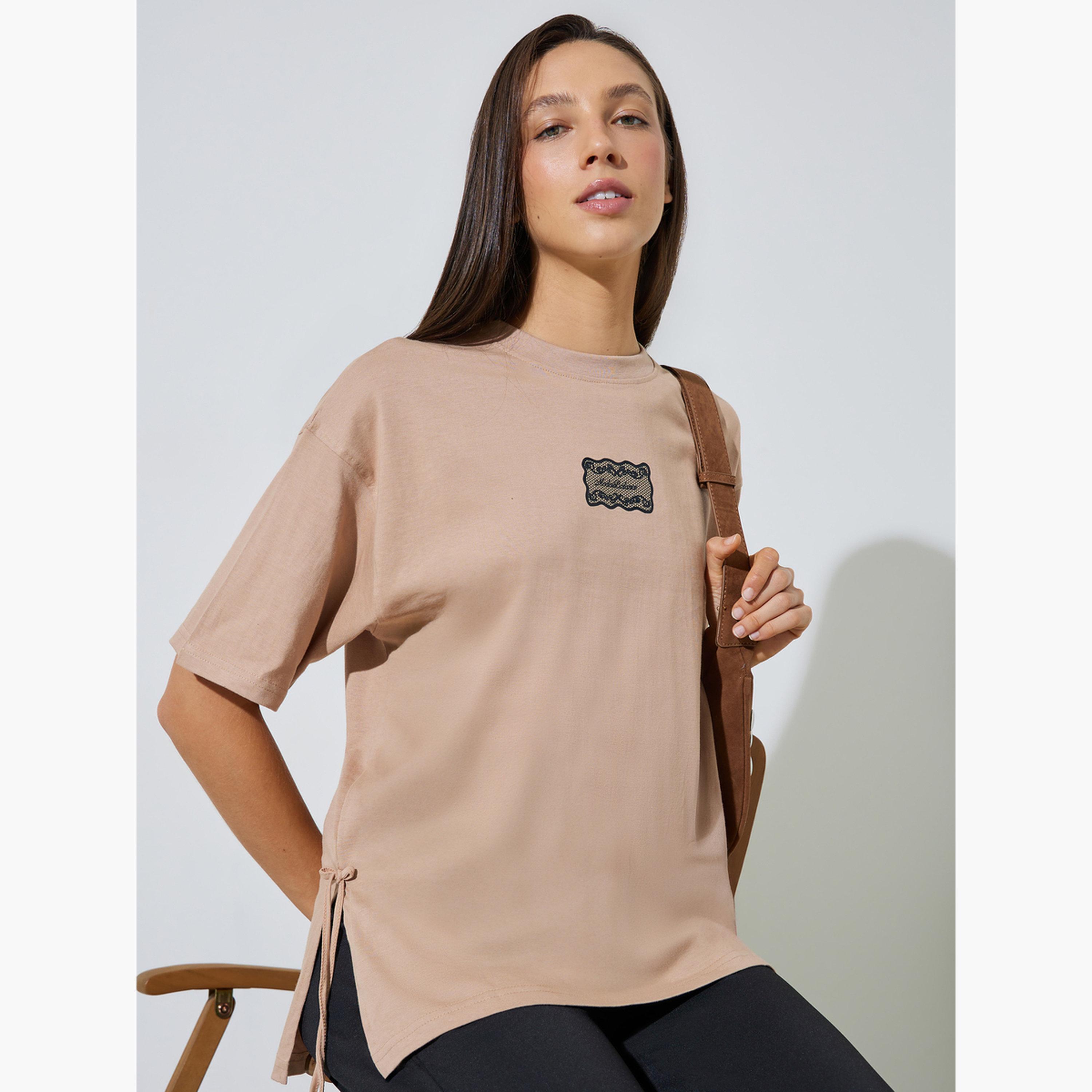 Styli Brown Side Tie Detail and Graphic Print Knitted T-Shirt-women-clothing-tshirts-image-3