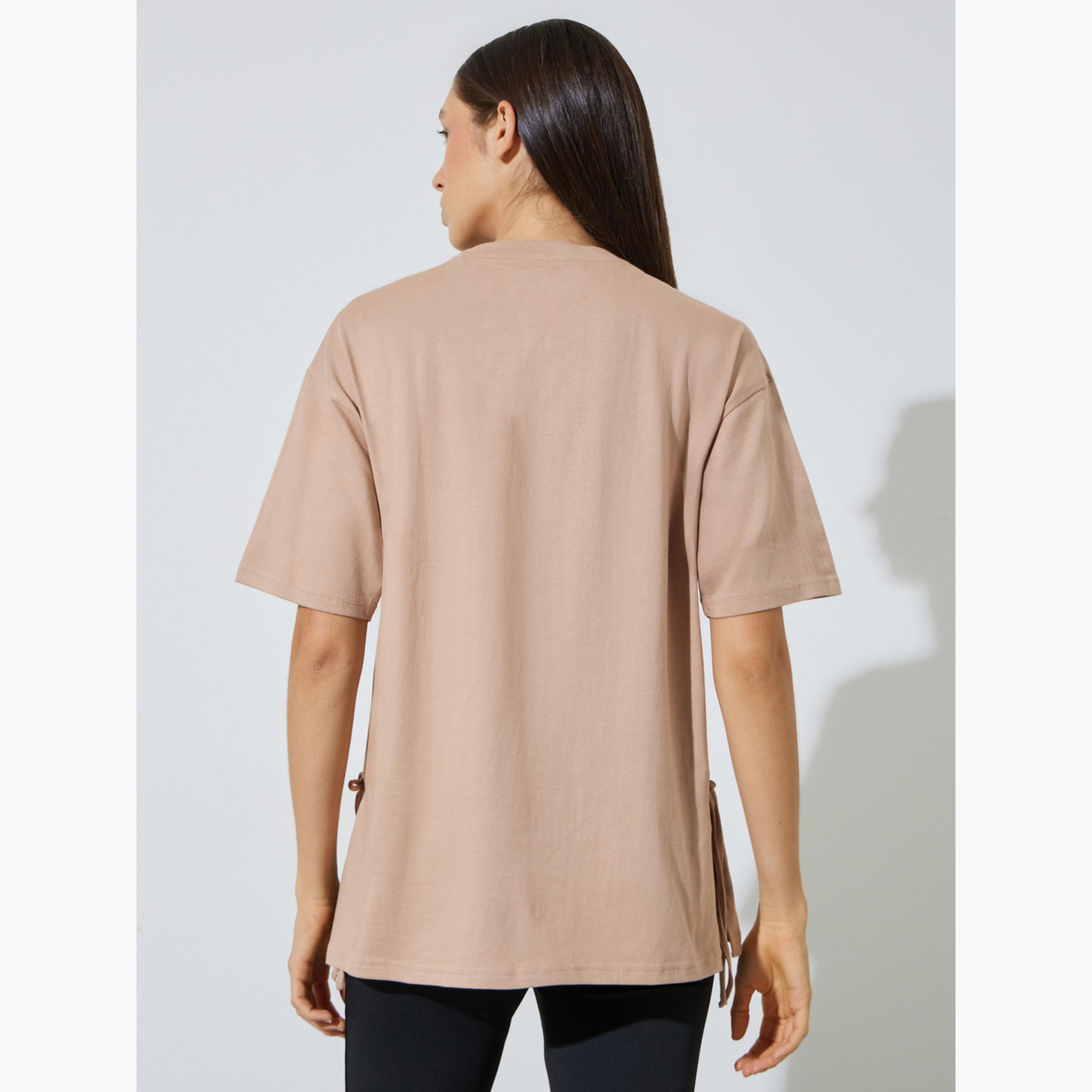 Styli Brown Side Tie Detail and Graphic Print Knitted T-Shirt-women-clothing-tshirts-image-4