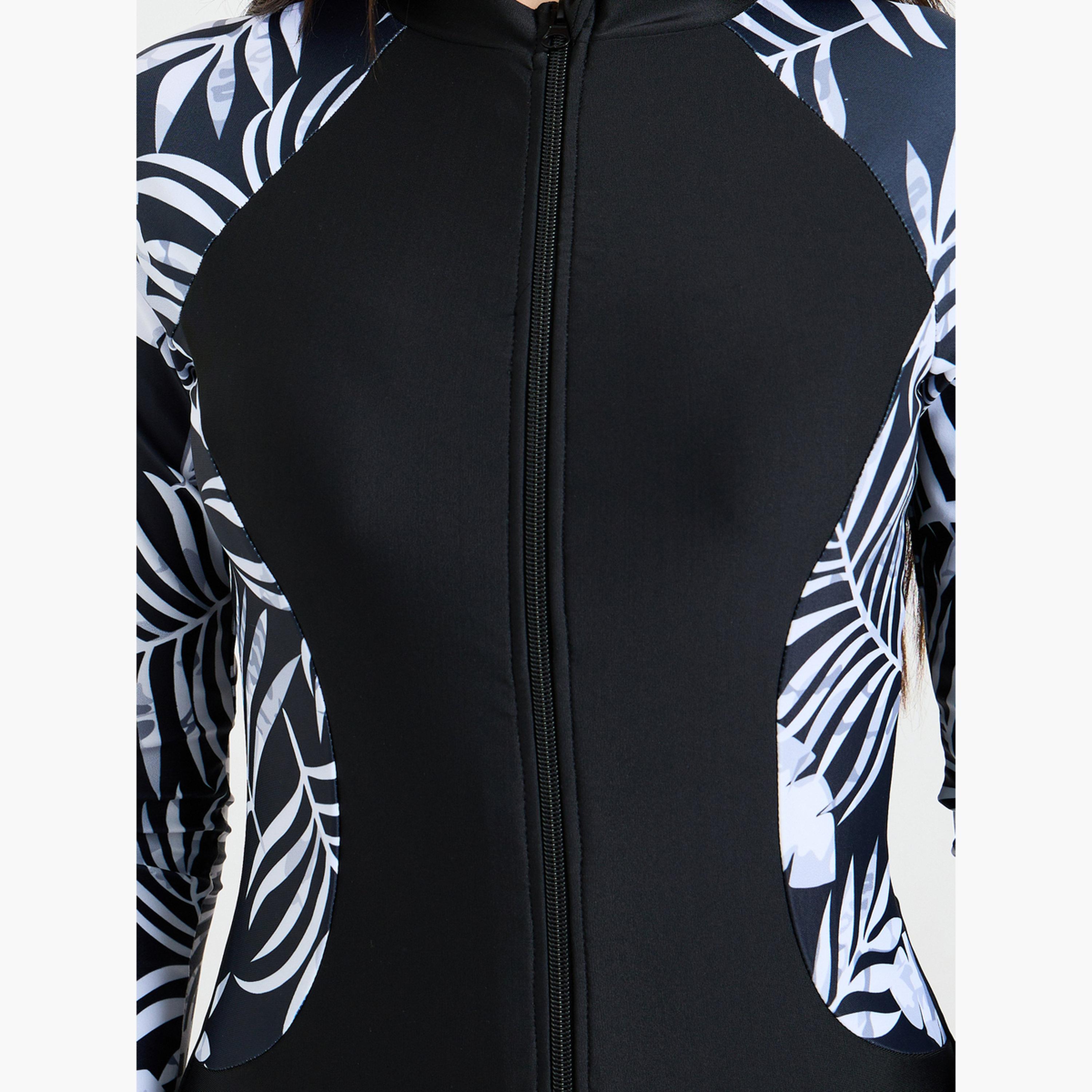 ستايلي - مايوه بأكمام راغلان مطبوع عليه أوراق نخيل سوداء مع سحاب نصفي-women-clothing-swimandbeach-swim-swimsuits-image-4
