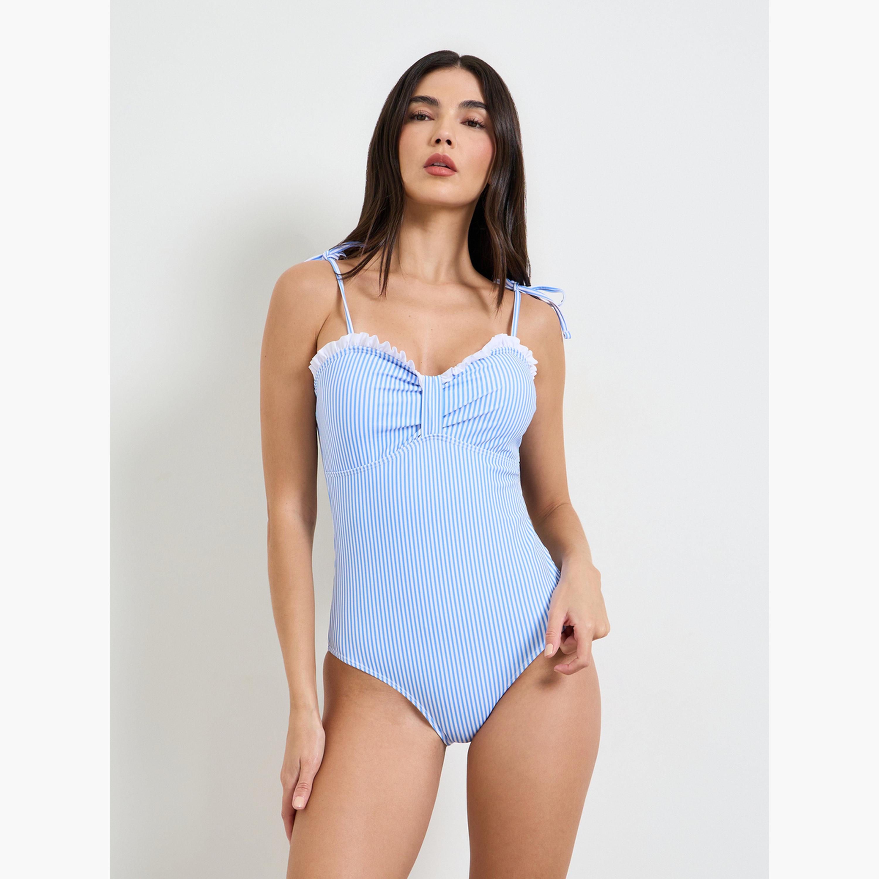 Styli Light Blue Striped Balconette Swimsuit with Tie String Shoulder-women-clothing-swimandbeach-swim-swimsuits-image-1