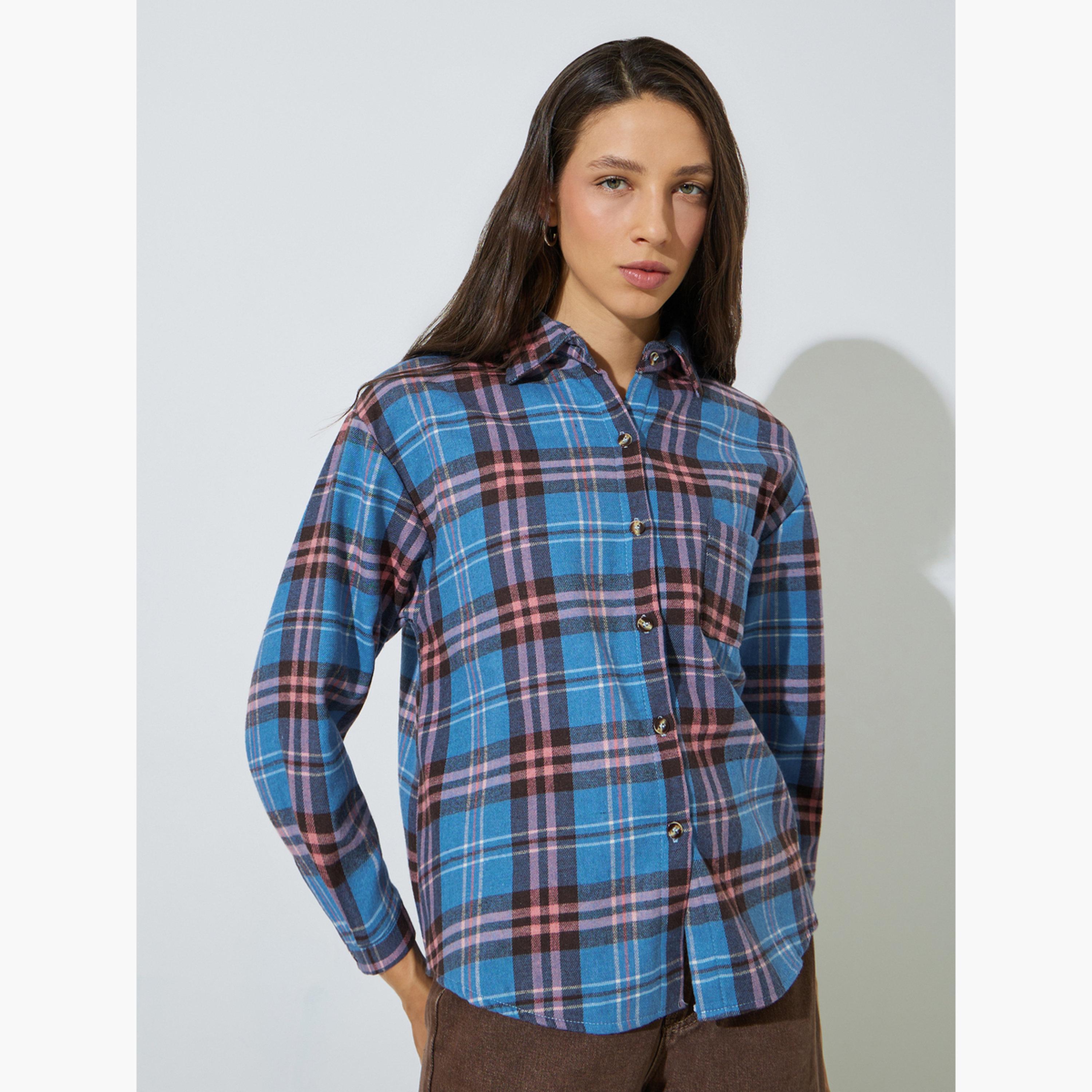Styli Blue Plaid Buttoned Shacket-women-winterwear-coatsandjackets-jackets-image-1