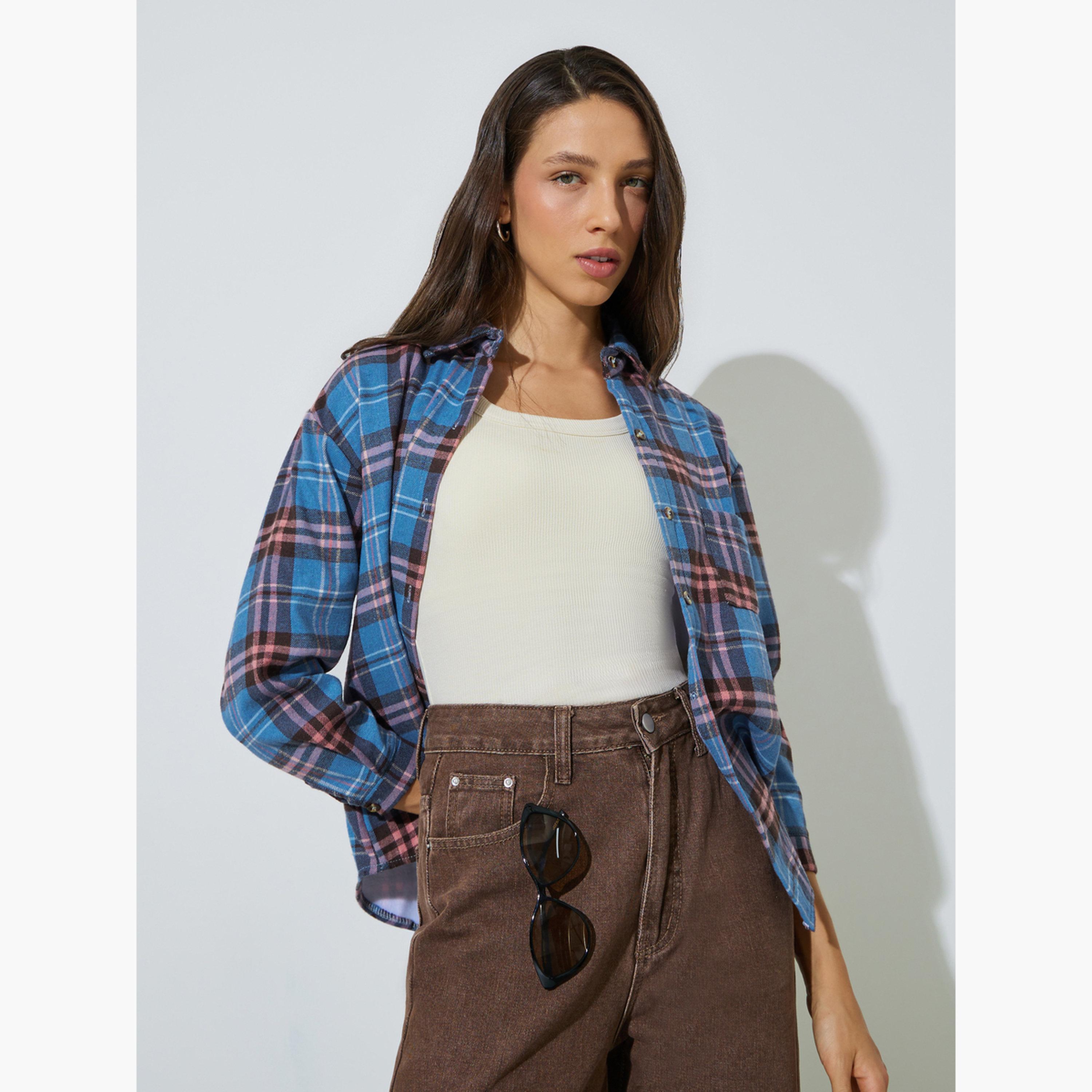Styli Blue Plaid Buttoned Shacket-women-winterwear-coatsandjackets-jackets-image-3