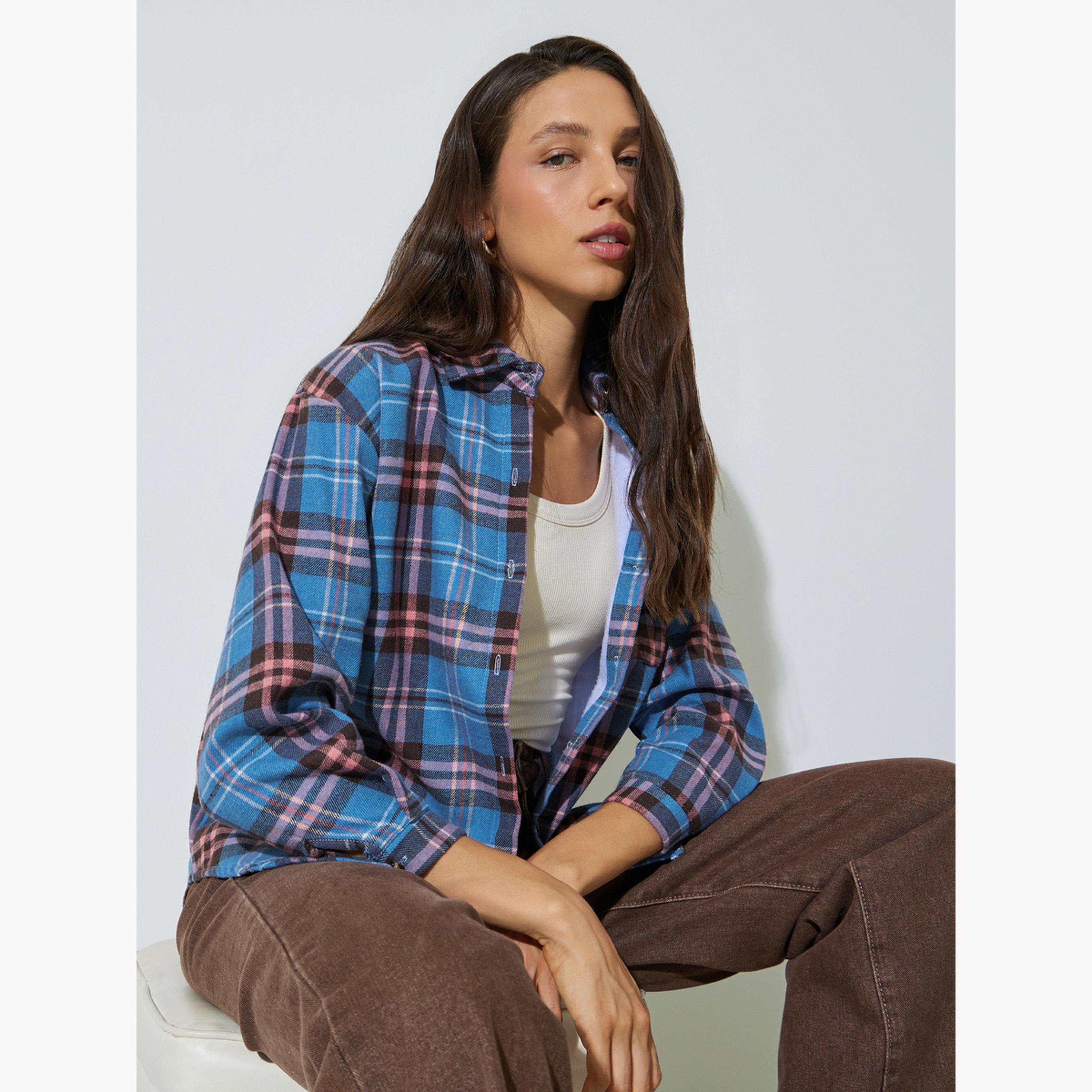Styli Blue Plaid Buttoned Shacket-women-winterwear-coatsandjackets-jackets-image-4