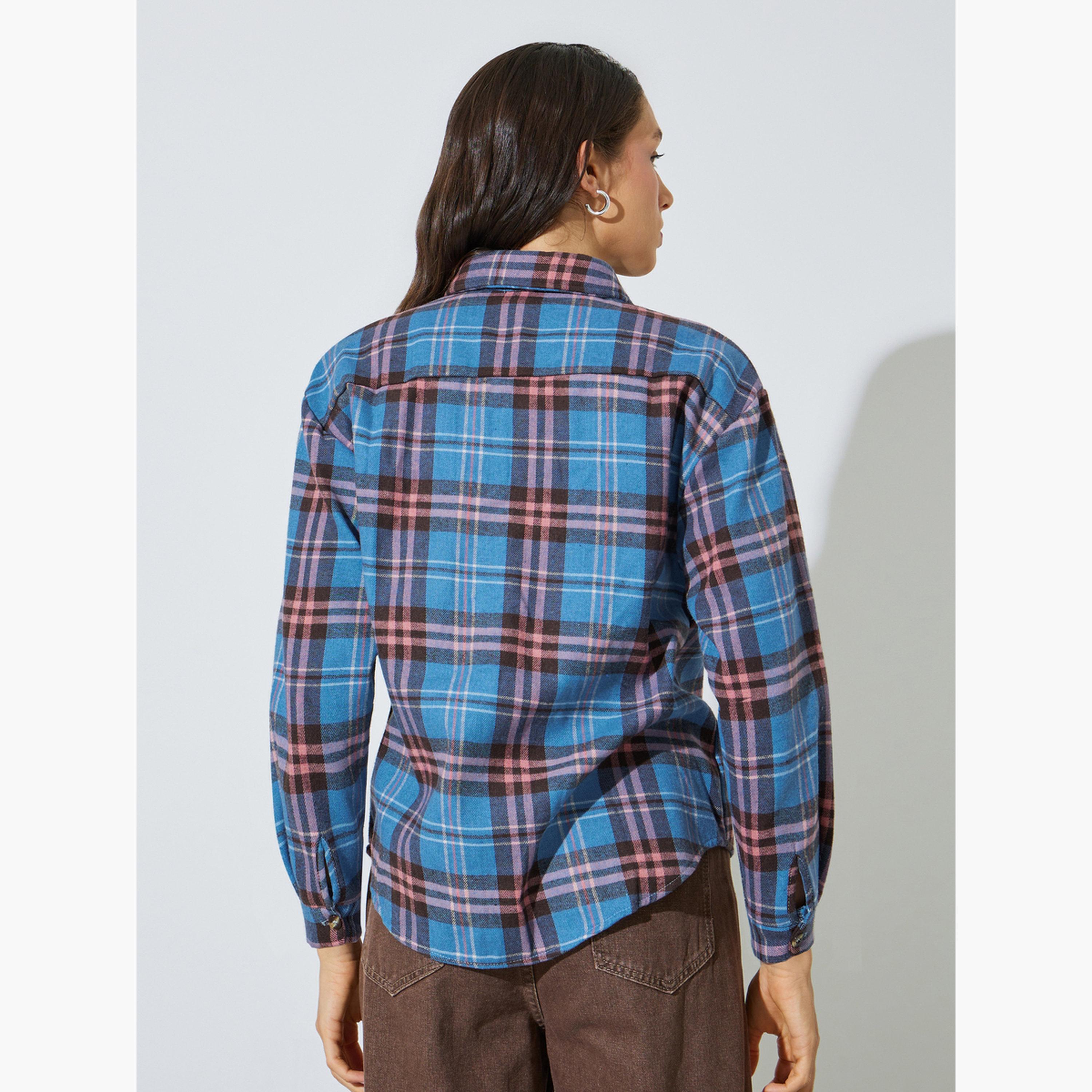Styli Blue Plaid Buttoned Shacket-women-winterwear-coatsandjackets-jackets-image-5