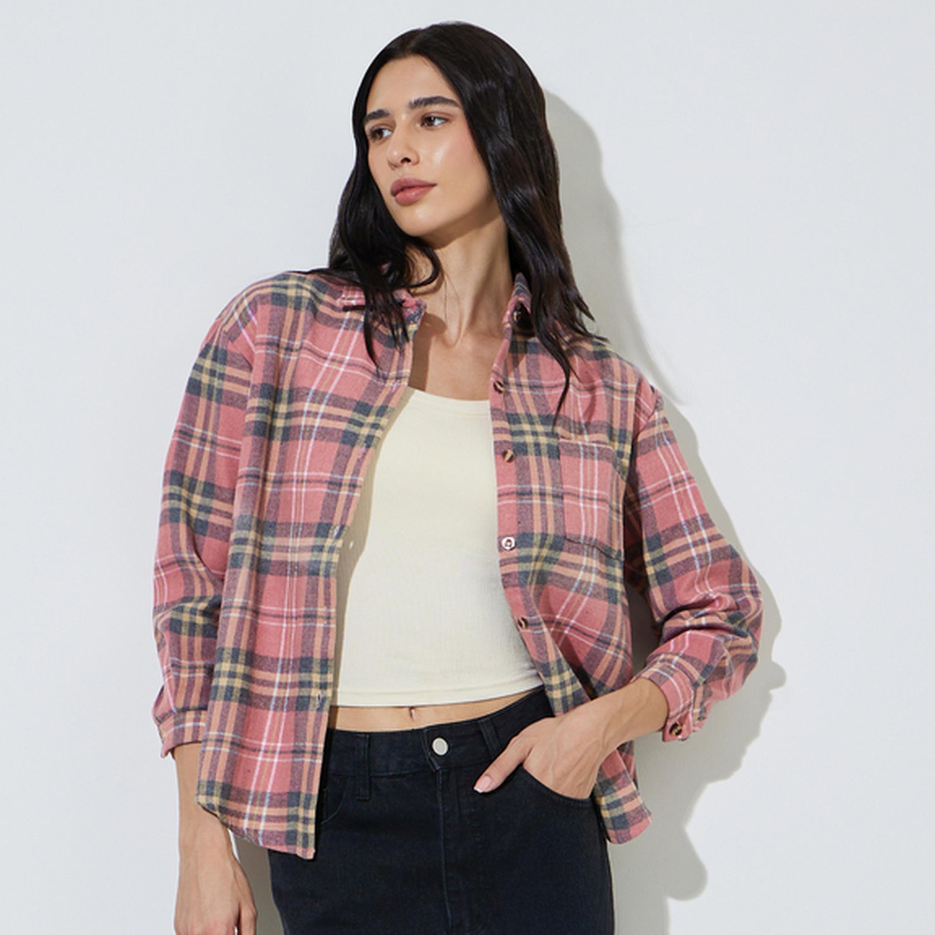 Styli Pink Plaid Buttoned Shacket-women-winterwear-coatsandjackets-jackets-image-1