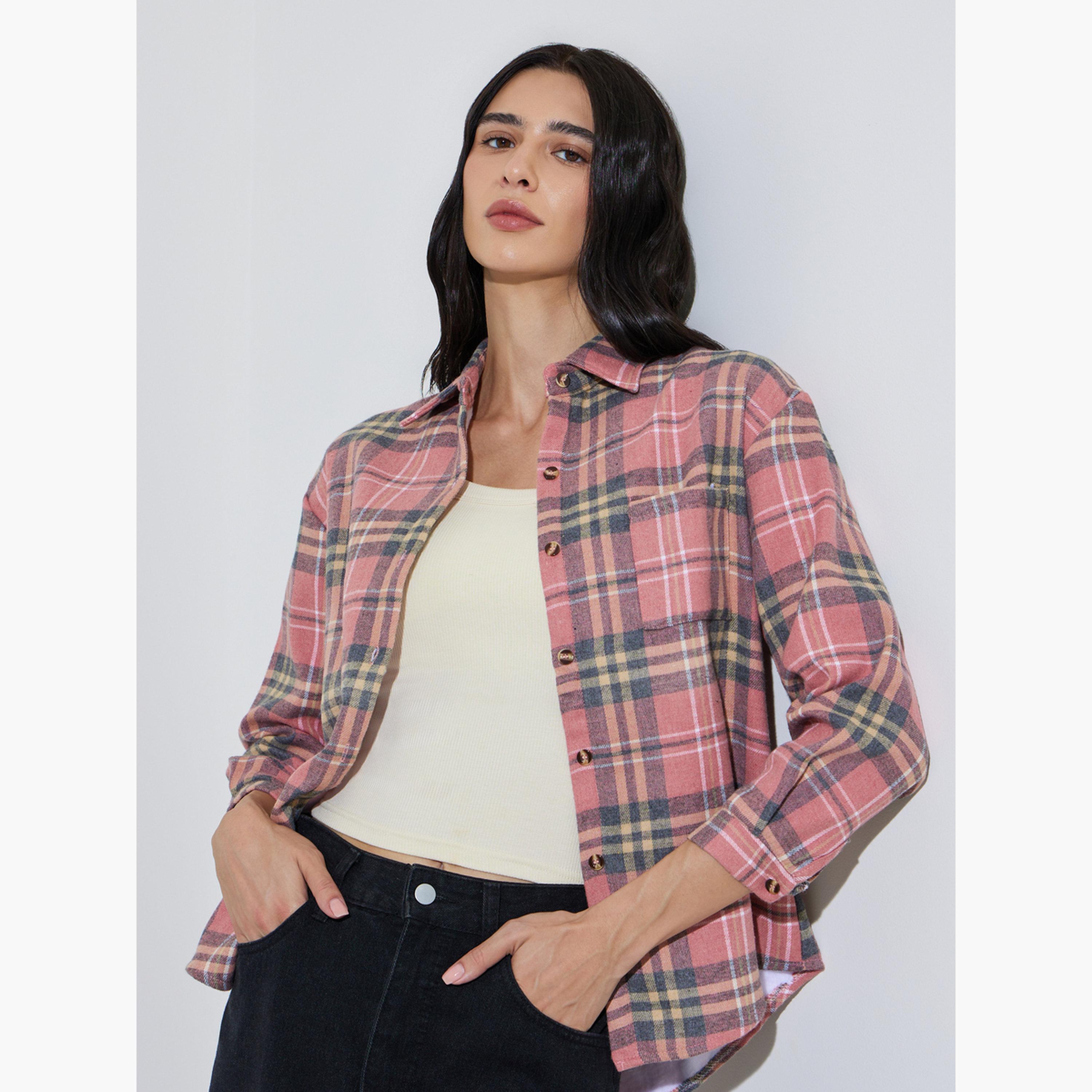 Styli Pink Plaid Buttoned Shacket-women-winterwear-coatsandjackets-jackets-image-3
