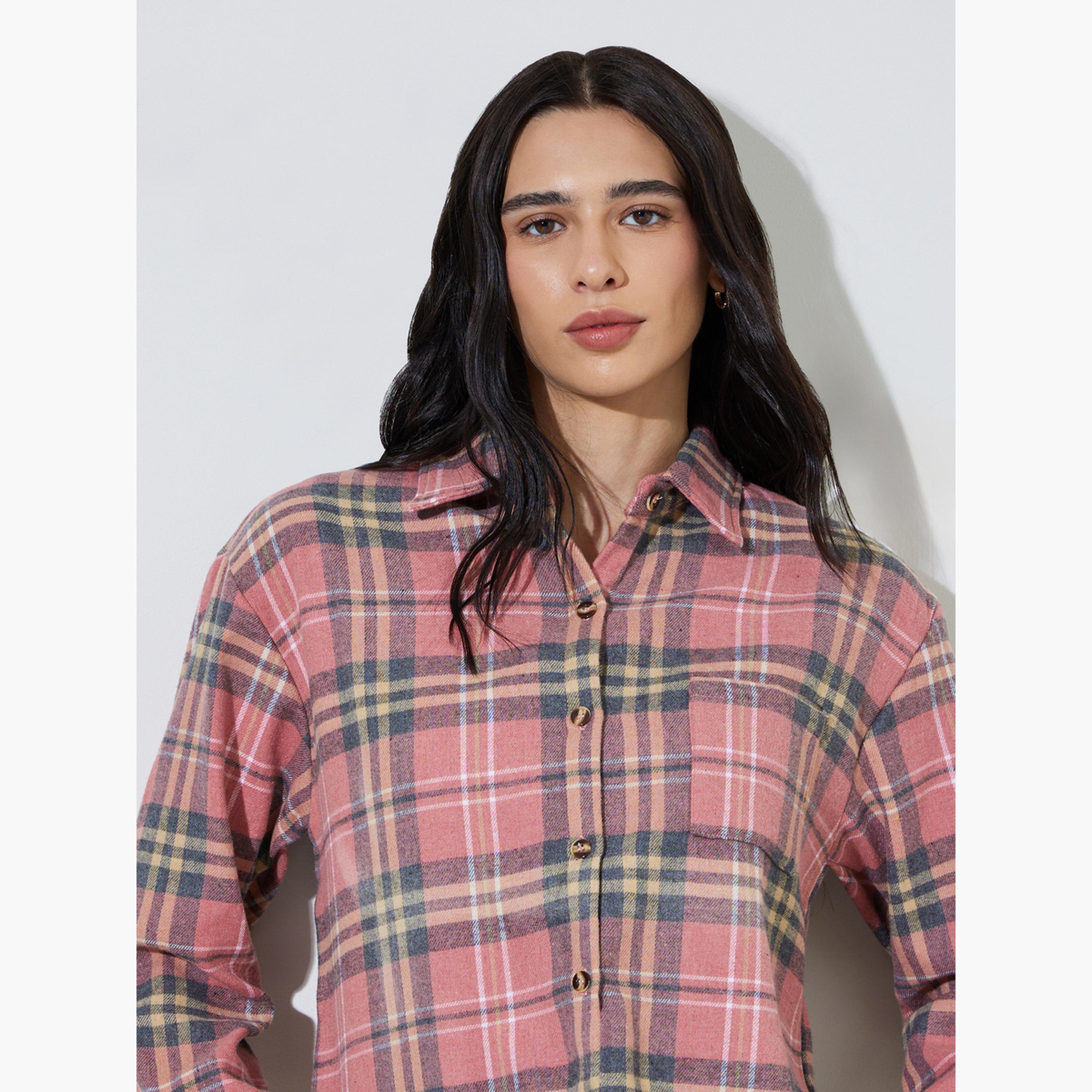 Styli Pink Plaid Buttoned Shacket-women-winterwear-coatsandjackets-jackets-image-4