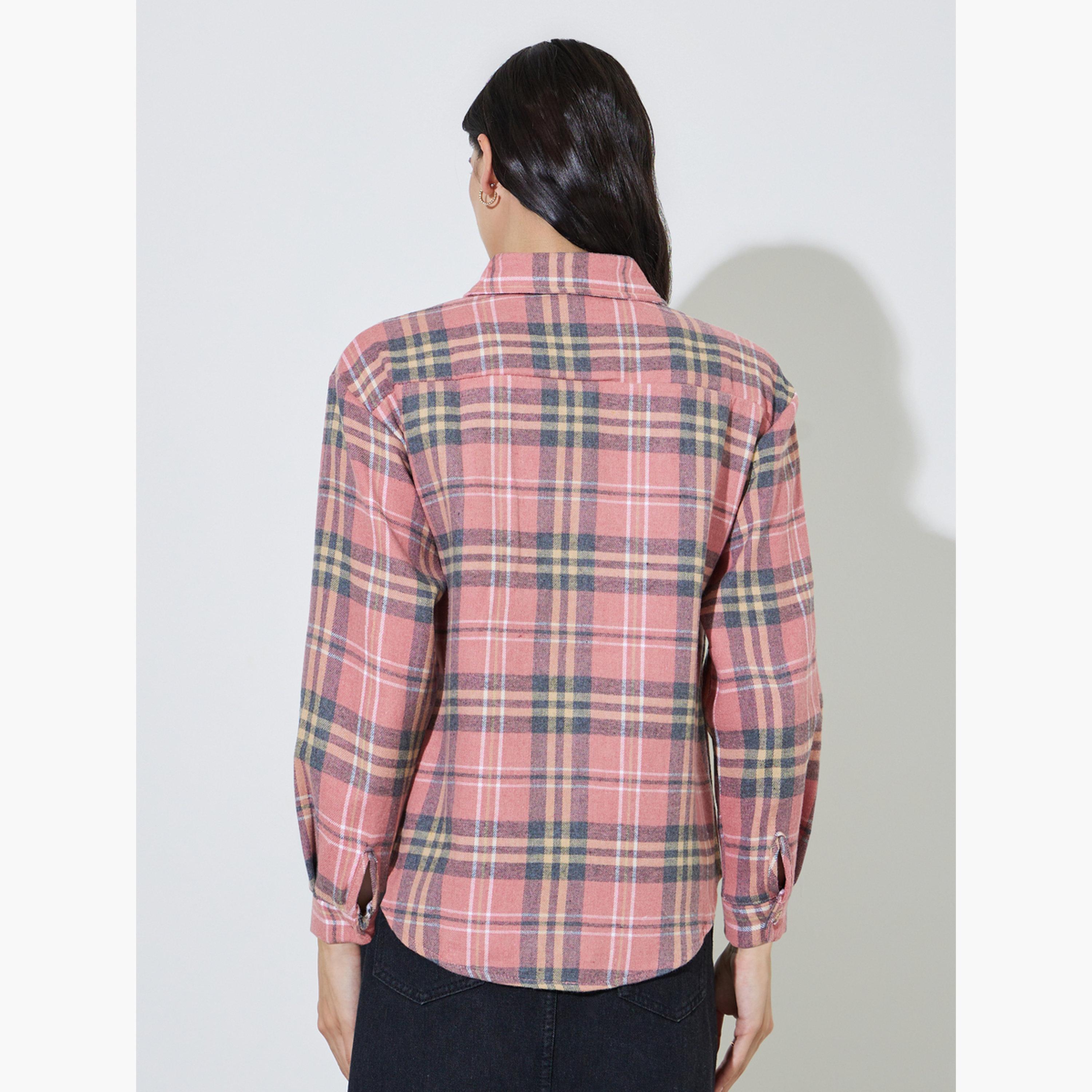 Styli Pink Plaid Buttoned Shacket-women-winterwear-coatsandjackets-jackets-image-5