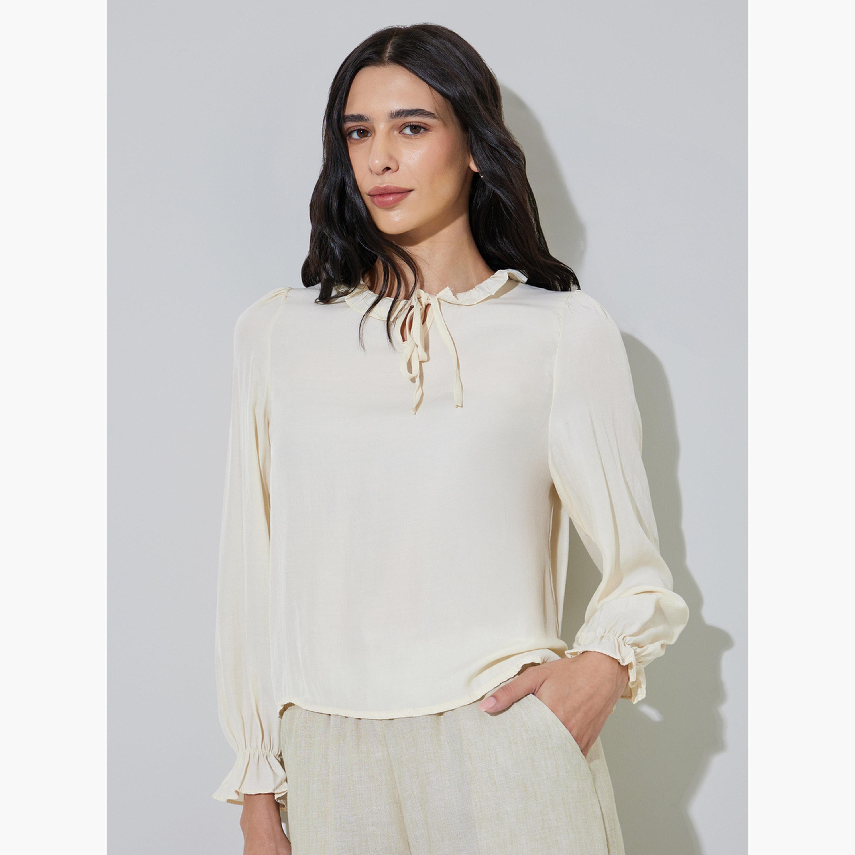 بلوزة بأكمام طويلة وتفاصيل ربطة عنق-women-clothing-shirtsandblouses-blouses-image-1
