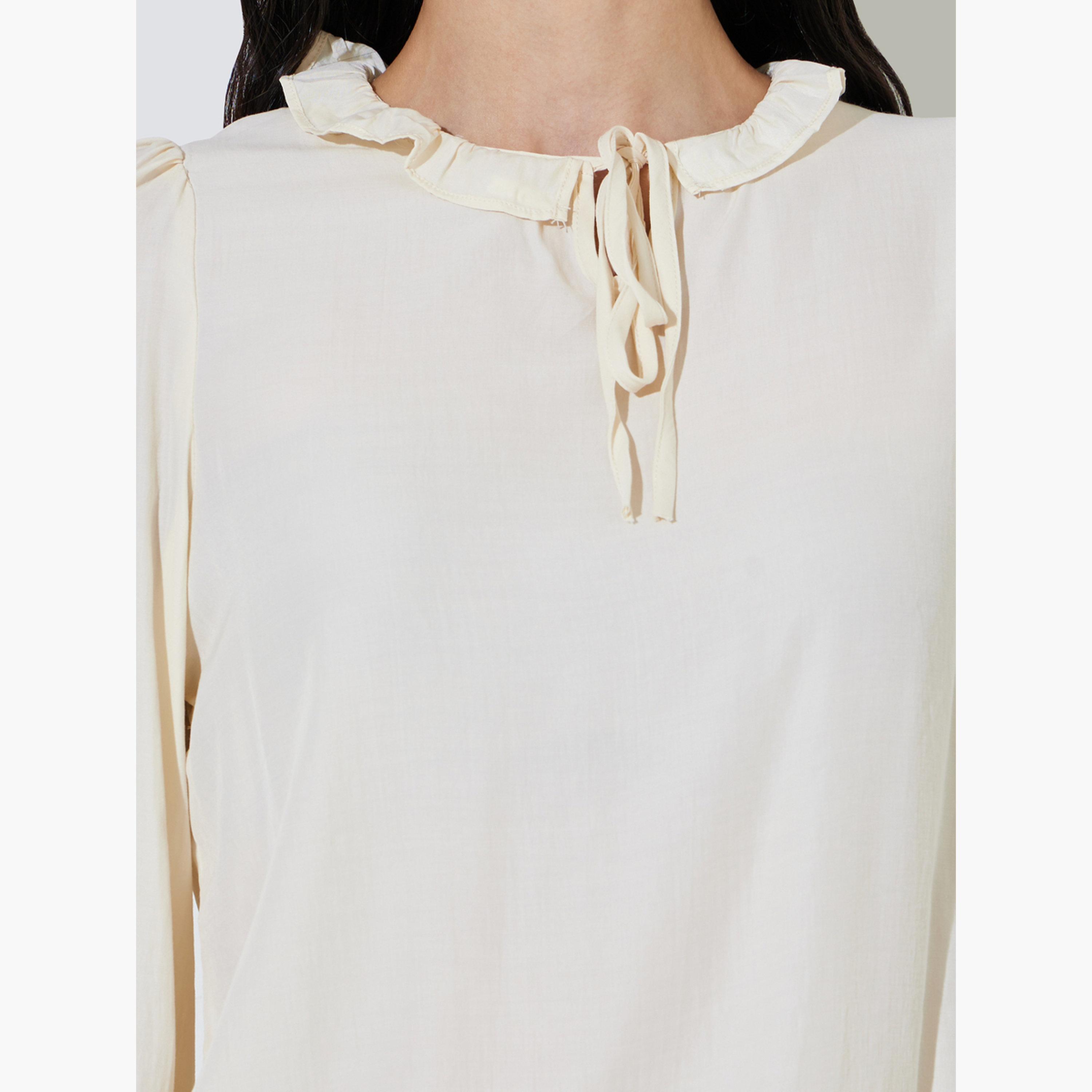 Styli Cream Long Sleeve Blouse with Tie Neck Detail-women-clothing-shirtsandblouses-blouses-image-5
